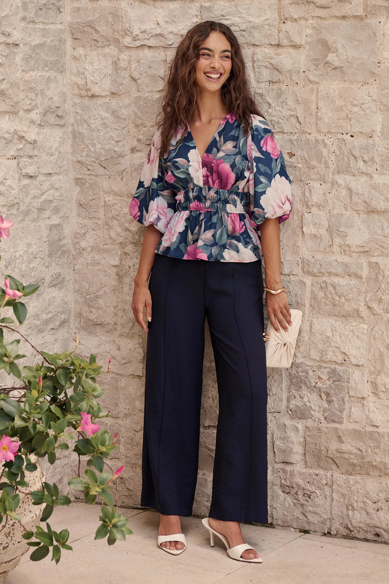 Perfection Top In Navy with Pink Floral Linen Blend - Image 2