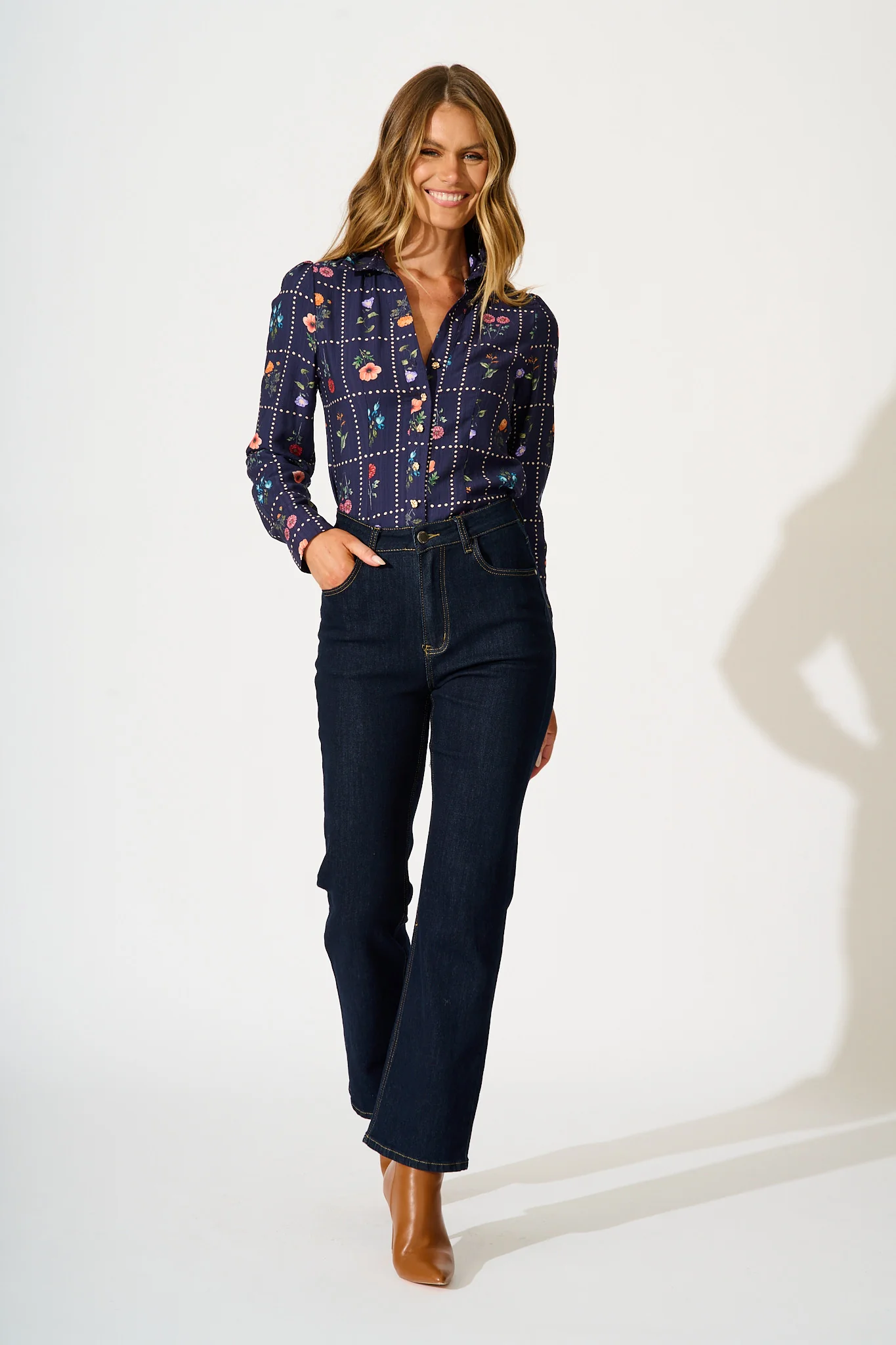 Petal Outline Shirt in Navy with Multi Floral - Image 4