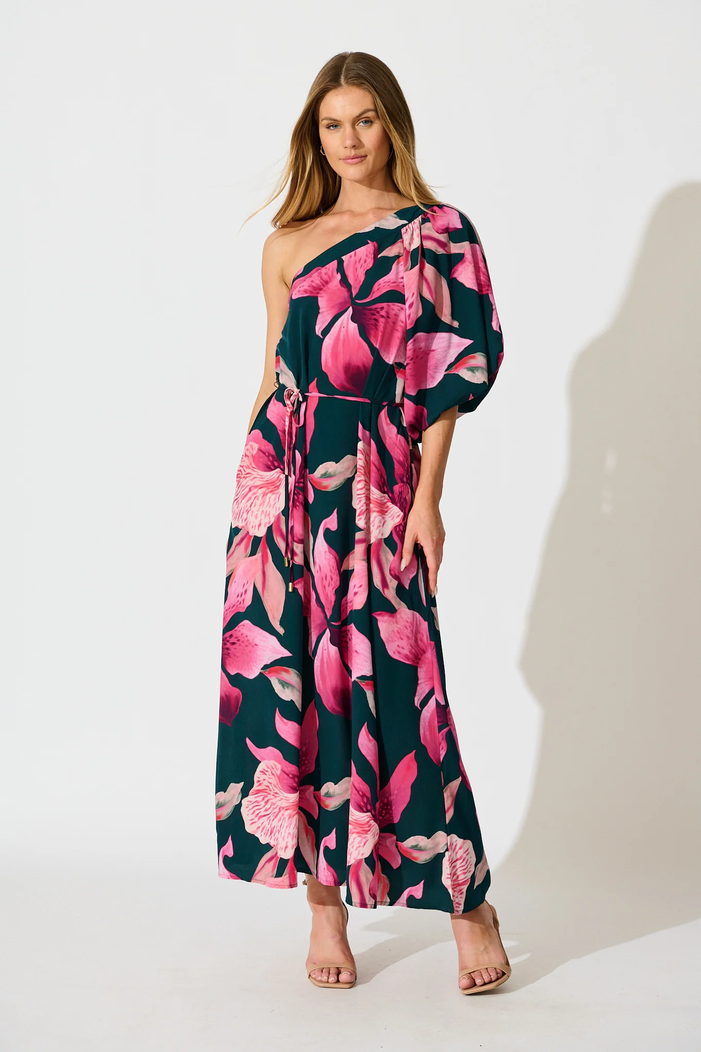 Petal Rhapsody Maxi Dress in Emerald with Pink Floral