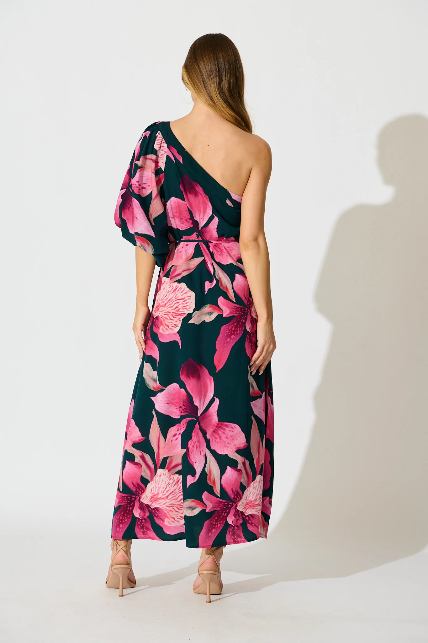 Petal Rhapsody Maxi Dress in Emerald with Pink Floral - Image 4