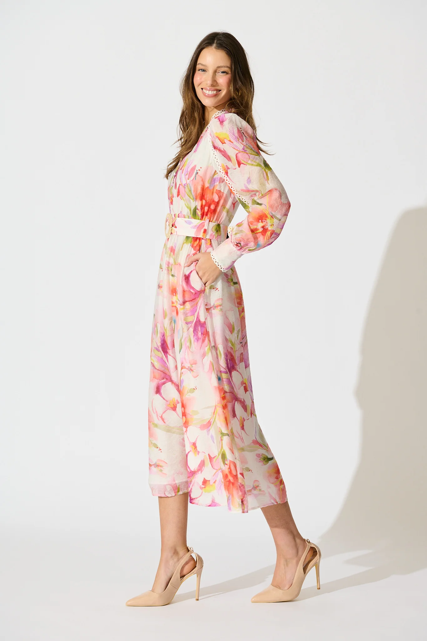 Petal Script Maxi Dress in White with Multi Floral - Image 3