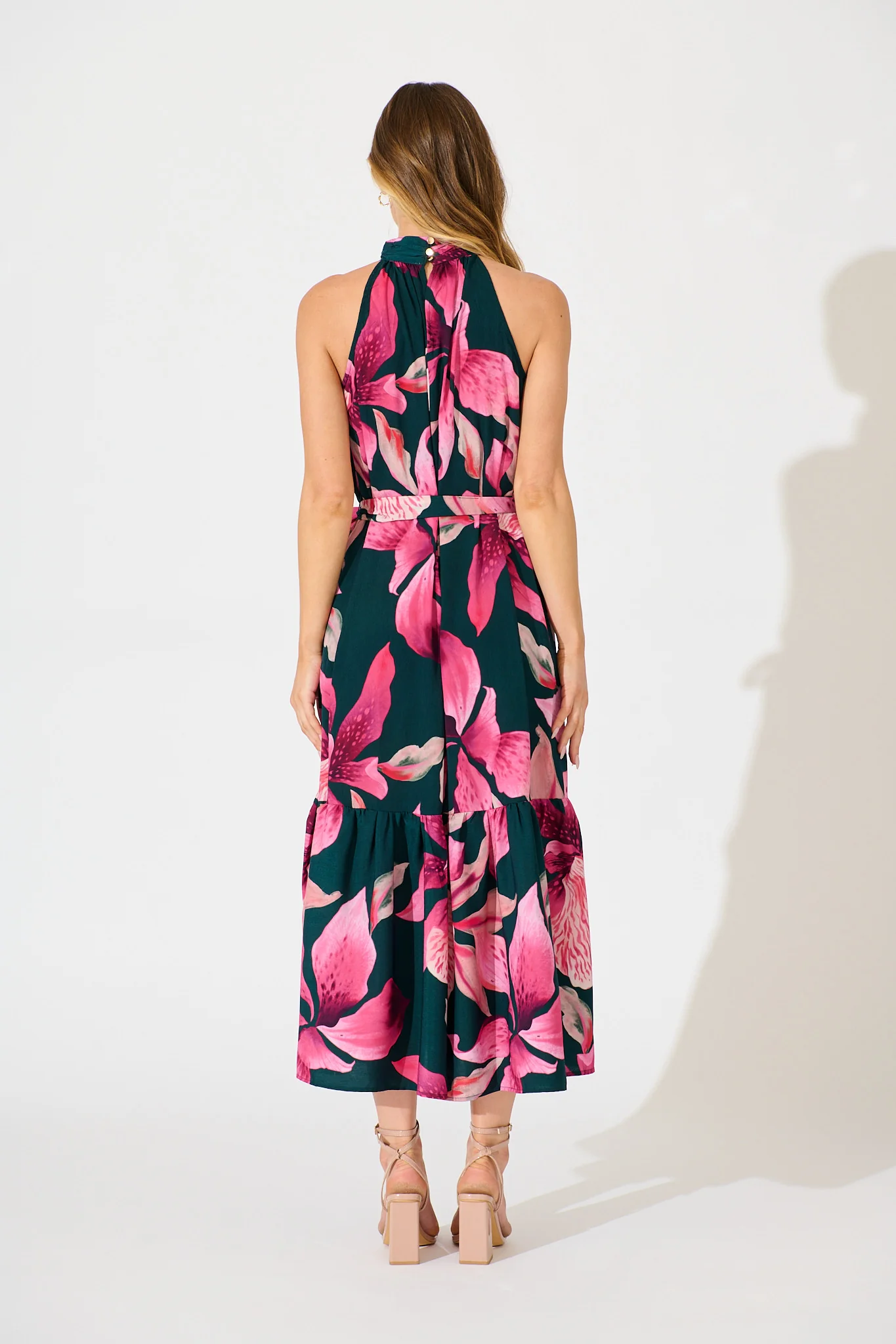Petal Whisper Maxi Dress in Emerald with Pink Floral - Image 4