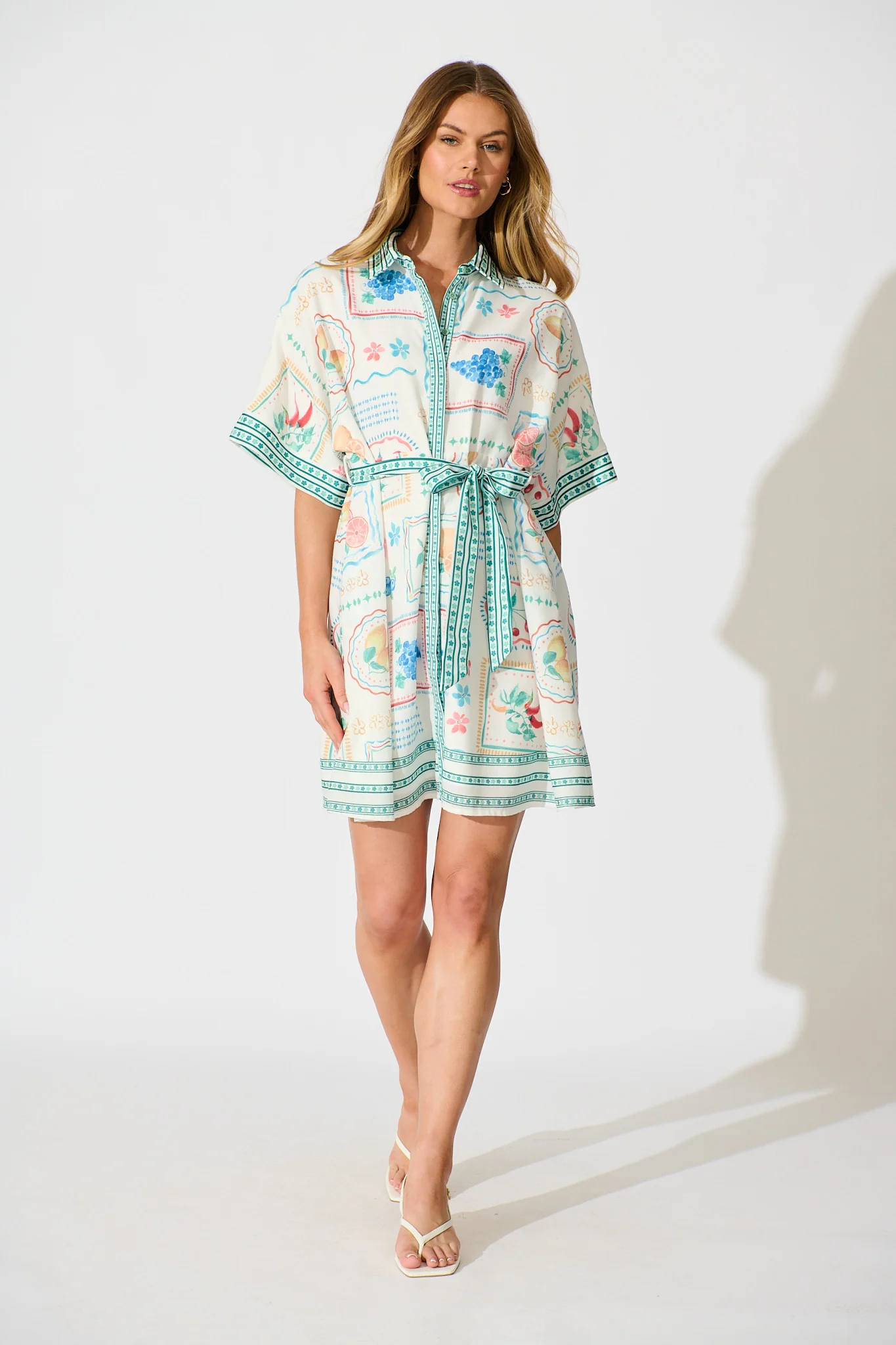 Petra Shirt Dress in in White with Green Multi Print Linen Blend
