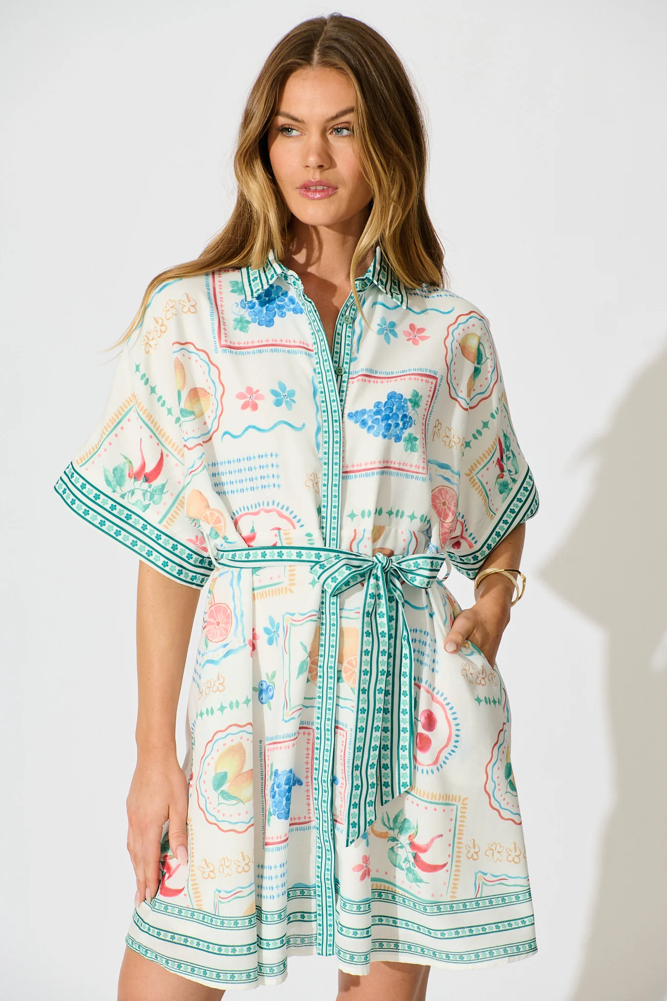 Petra Shirt Dress in in White with Green Multi Print Linen Blend - Image 2