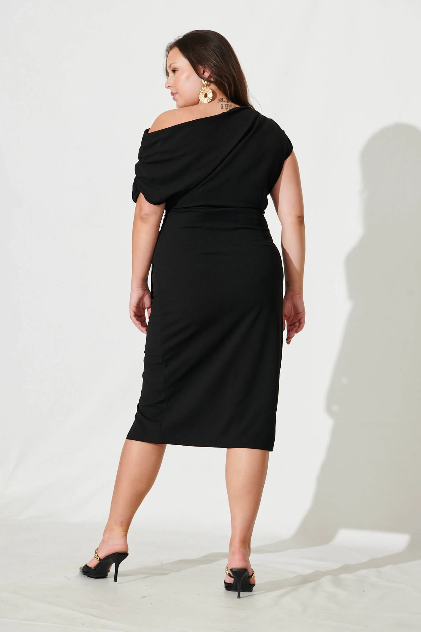 Phoenix Off Shoulder Midi Dress In Black - Image 12