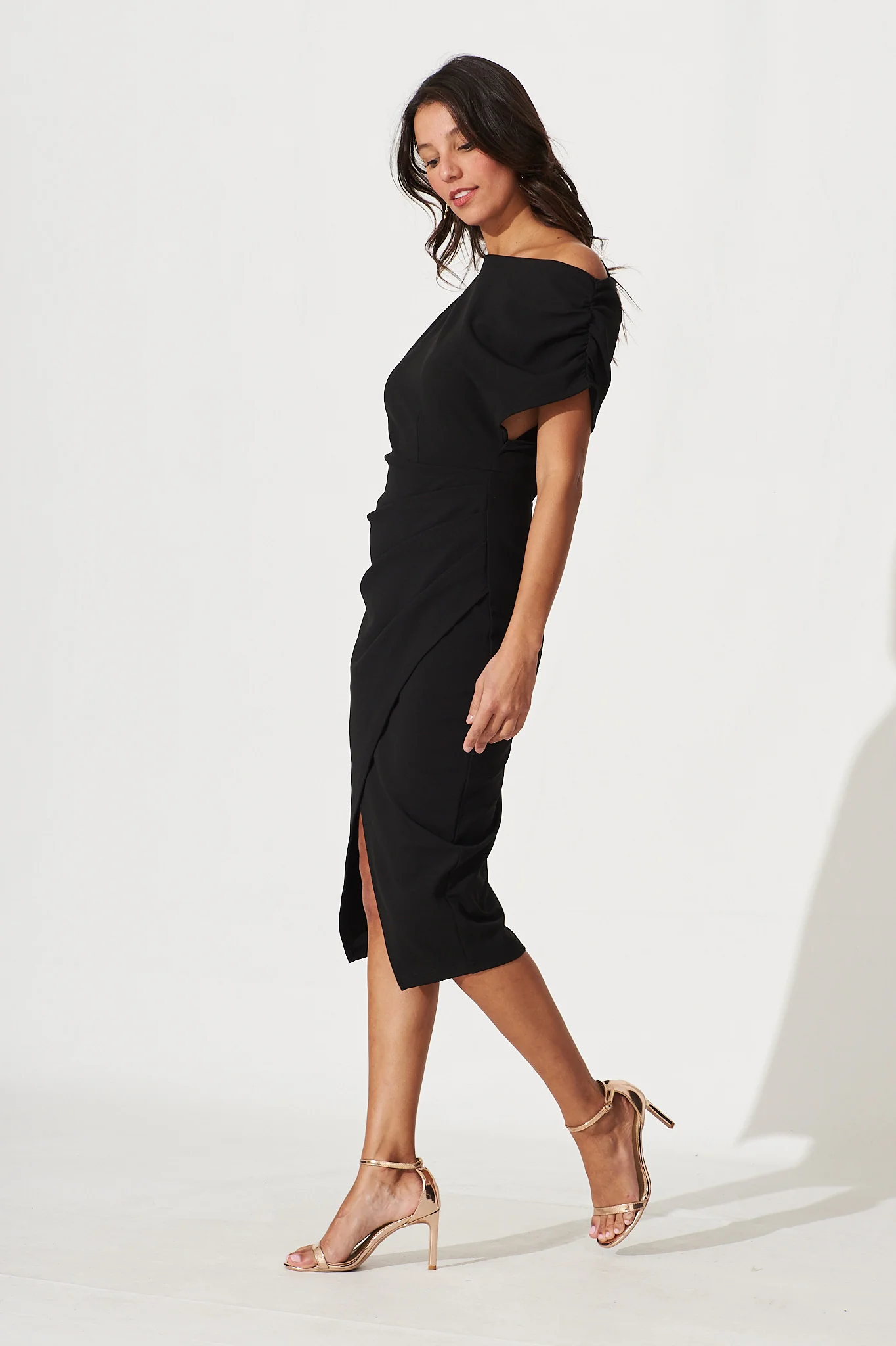 Phoenix Off Shoulder Midi Dress In Black - Image 6