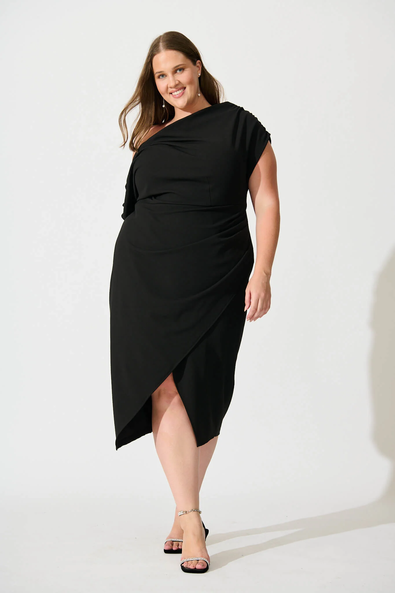 Phoenix Off Shoulder Midi Dress In Black - Image 8