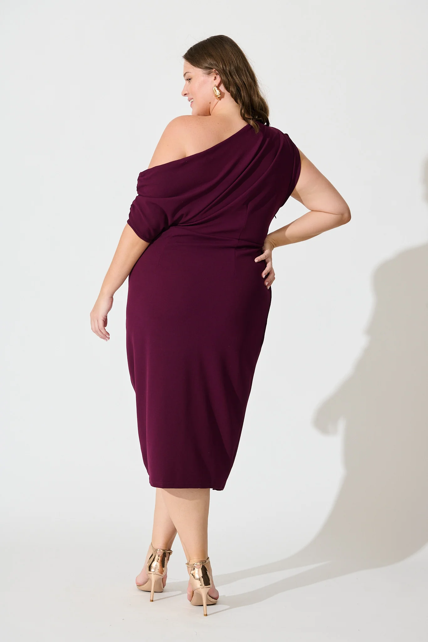 Phoenix Off Shoulder Midi Dress In Plum - Image 10