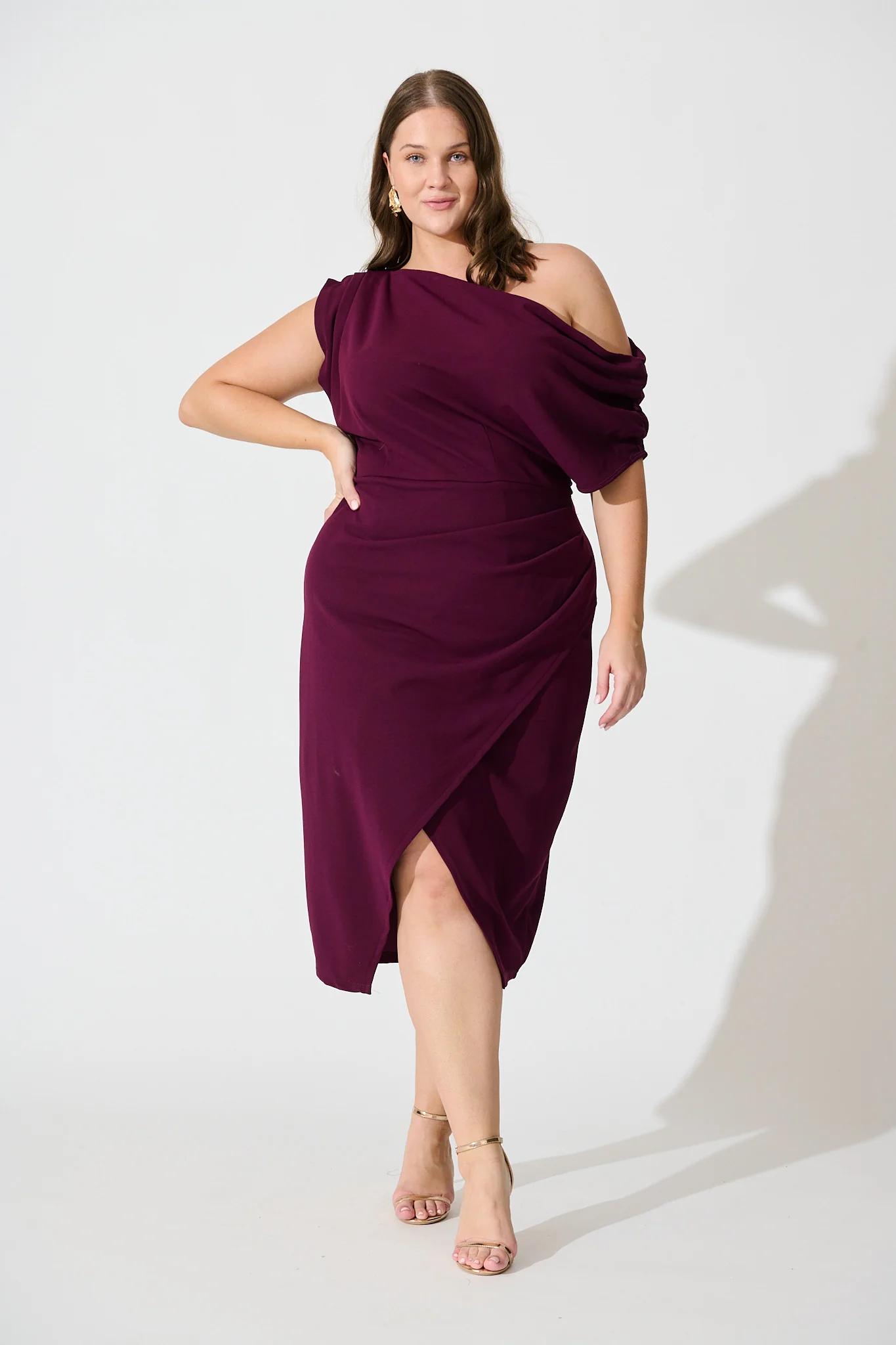 Phoenix Off Shoulder Midi Dress In Plum - Image 7