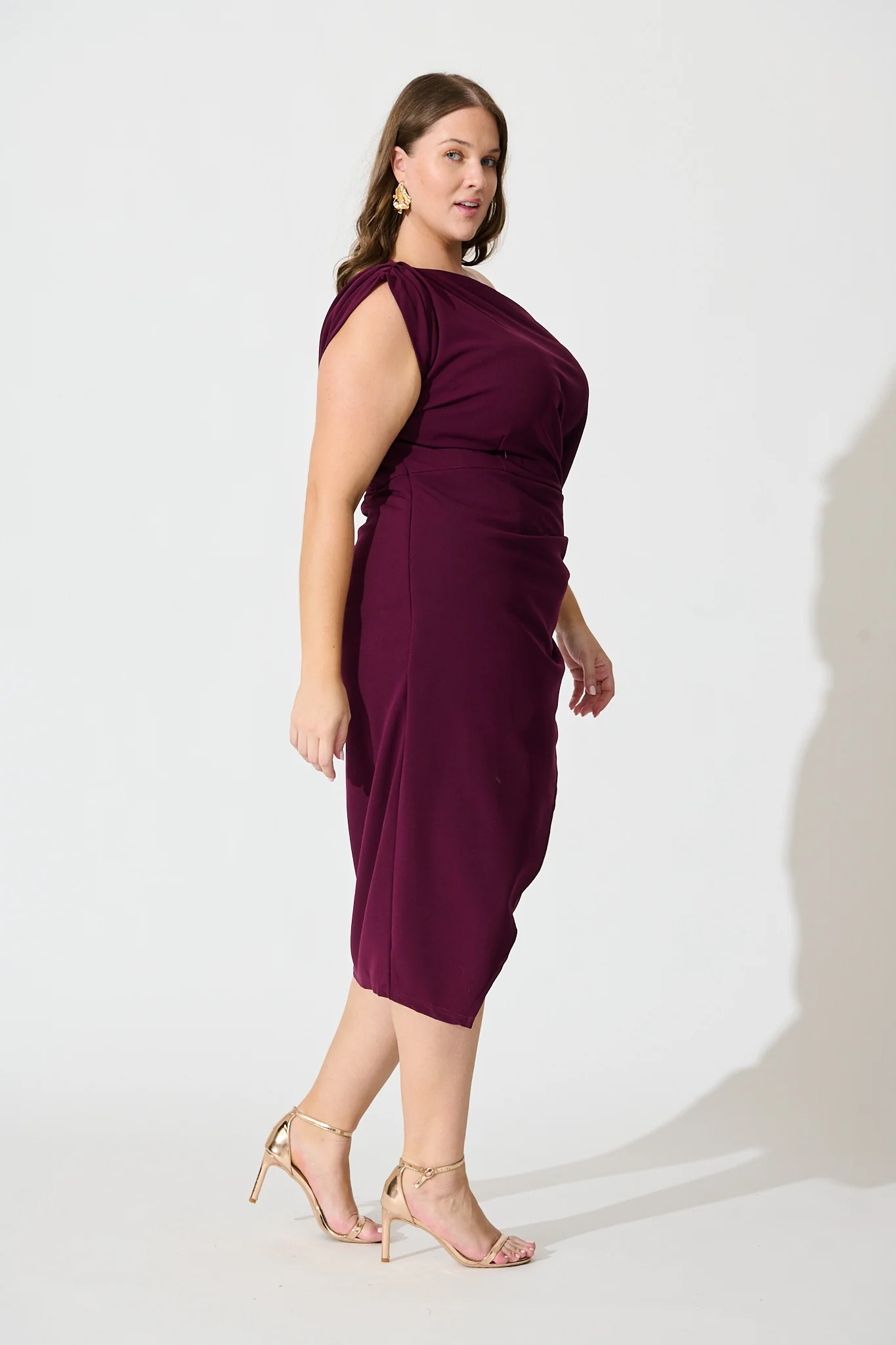 Phoenix Off Shoulder Midi Dress In Plum - Image 9