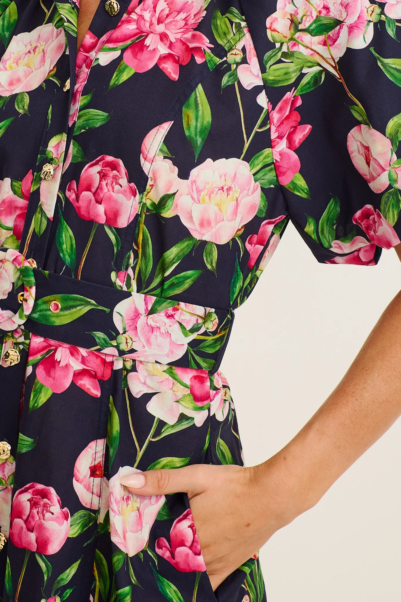 Poetic Glow Shirt Dress in Navy with Blush Floral Cotton - Image 5