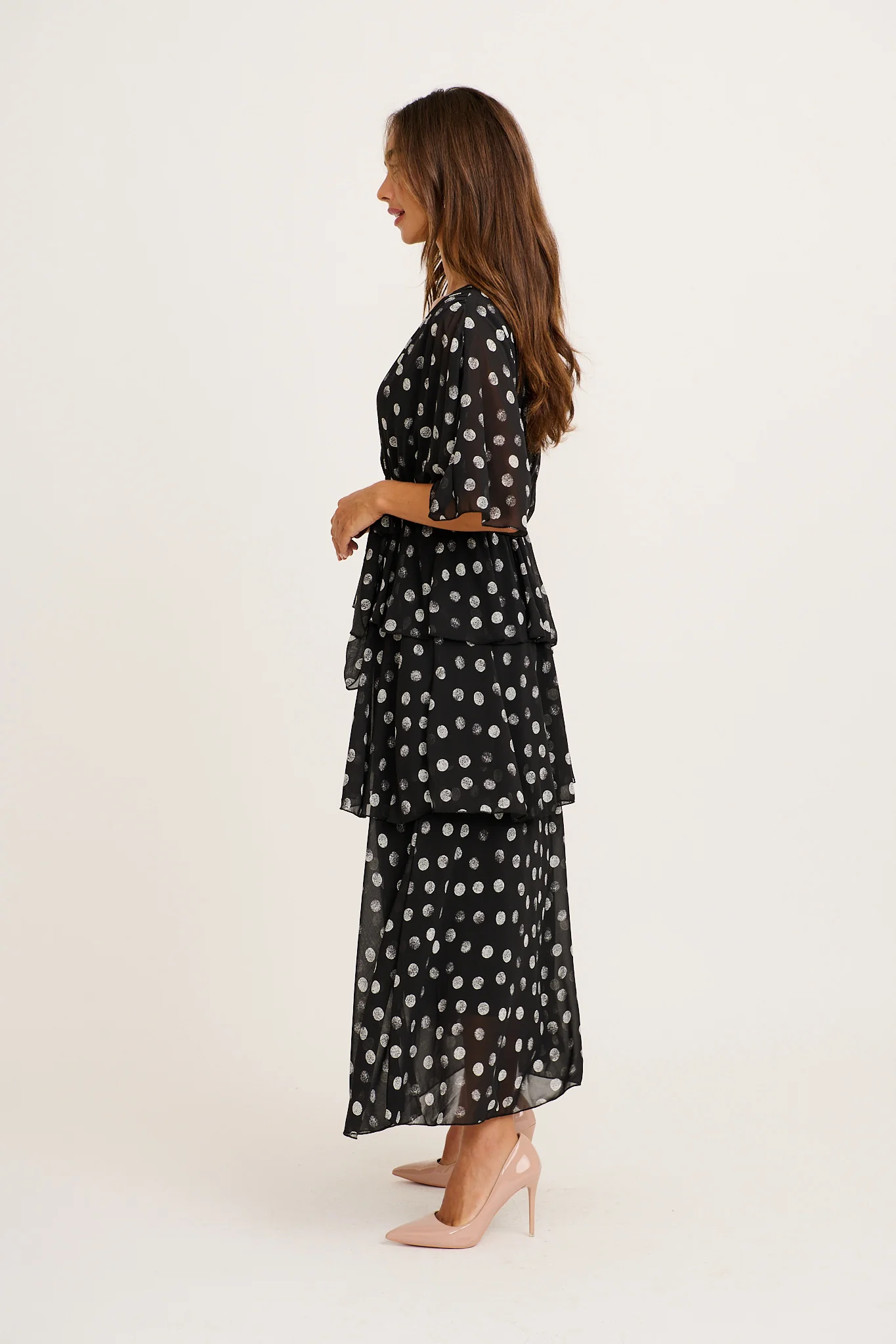 Polished Piece Midi Dress in Black with Cream Polka Dot Chiffon - Image 3