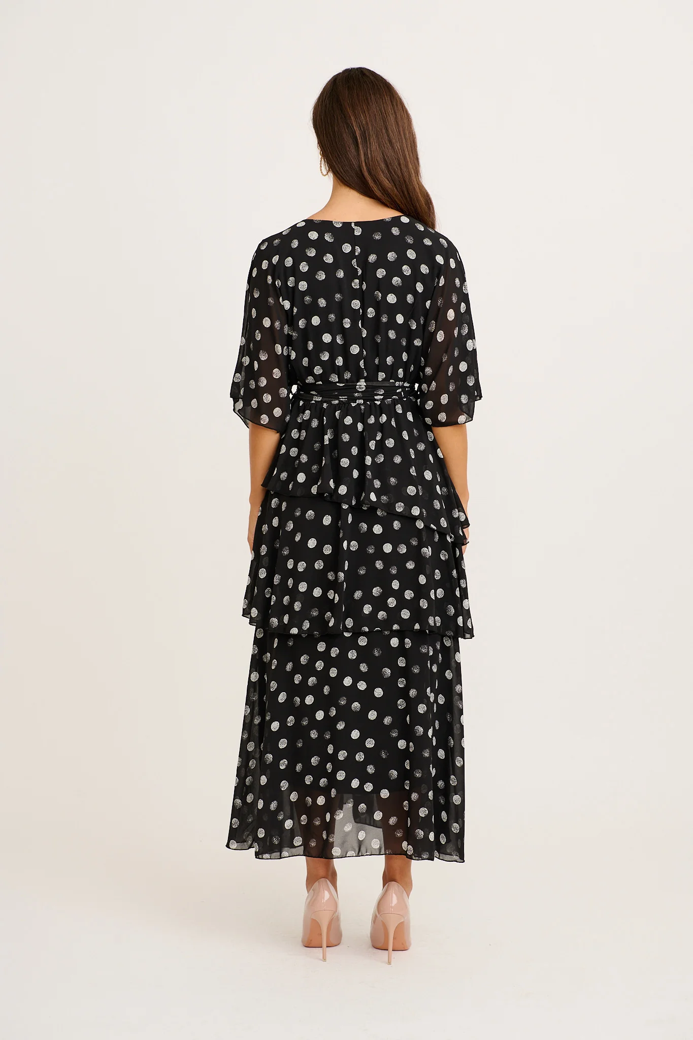 Polished Piece Midi Dress in Black with Cream Polka Dot Chiffon - Image 4