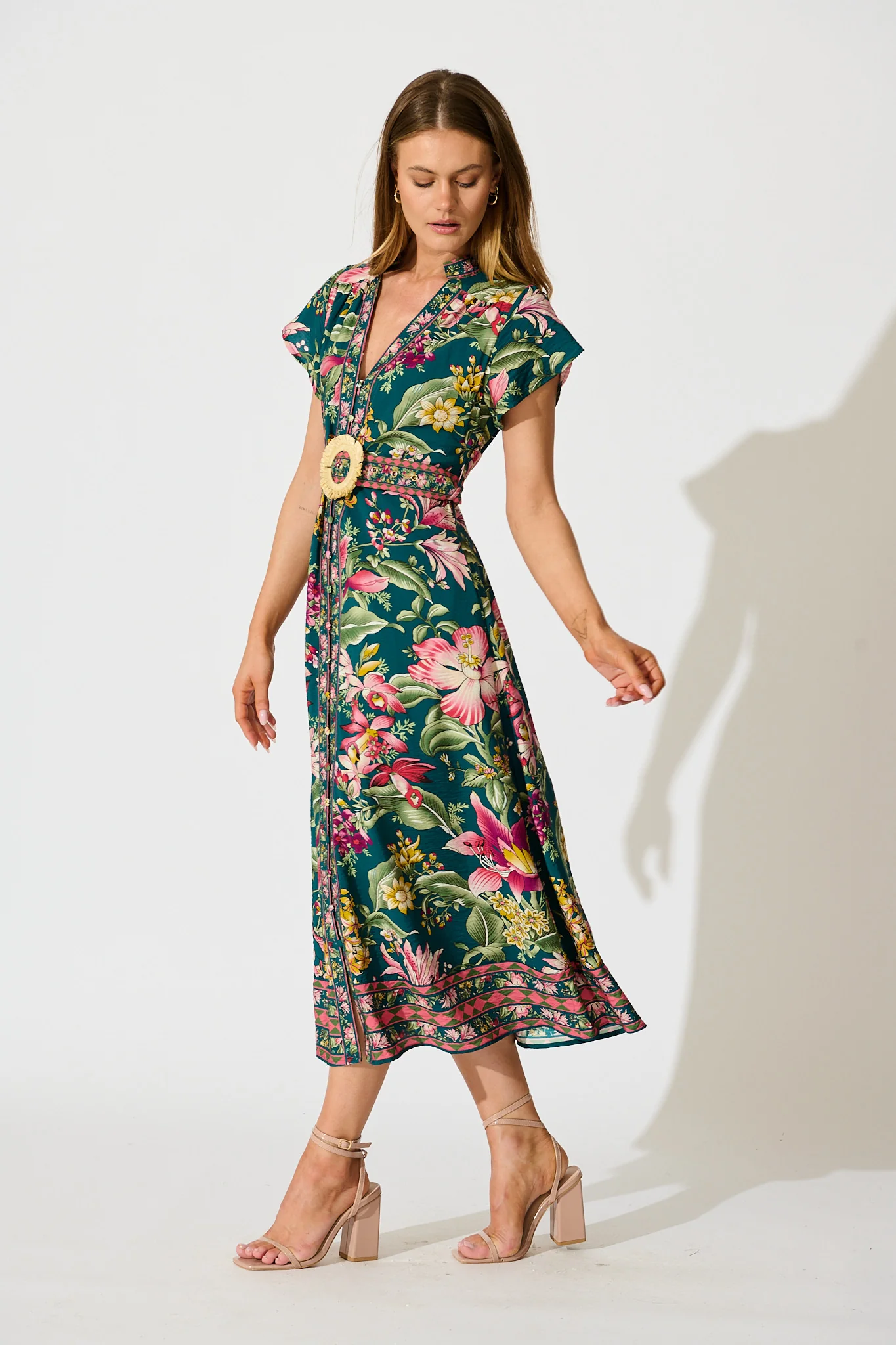 Portofino Bloom Midi Dress in Green with Multi Floral - Image 3