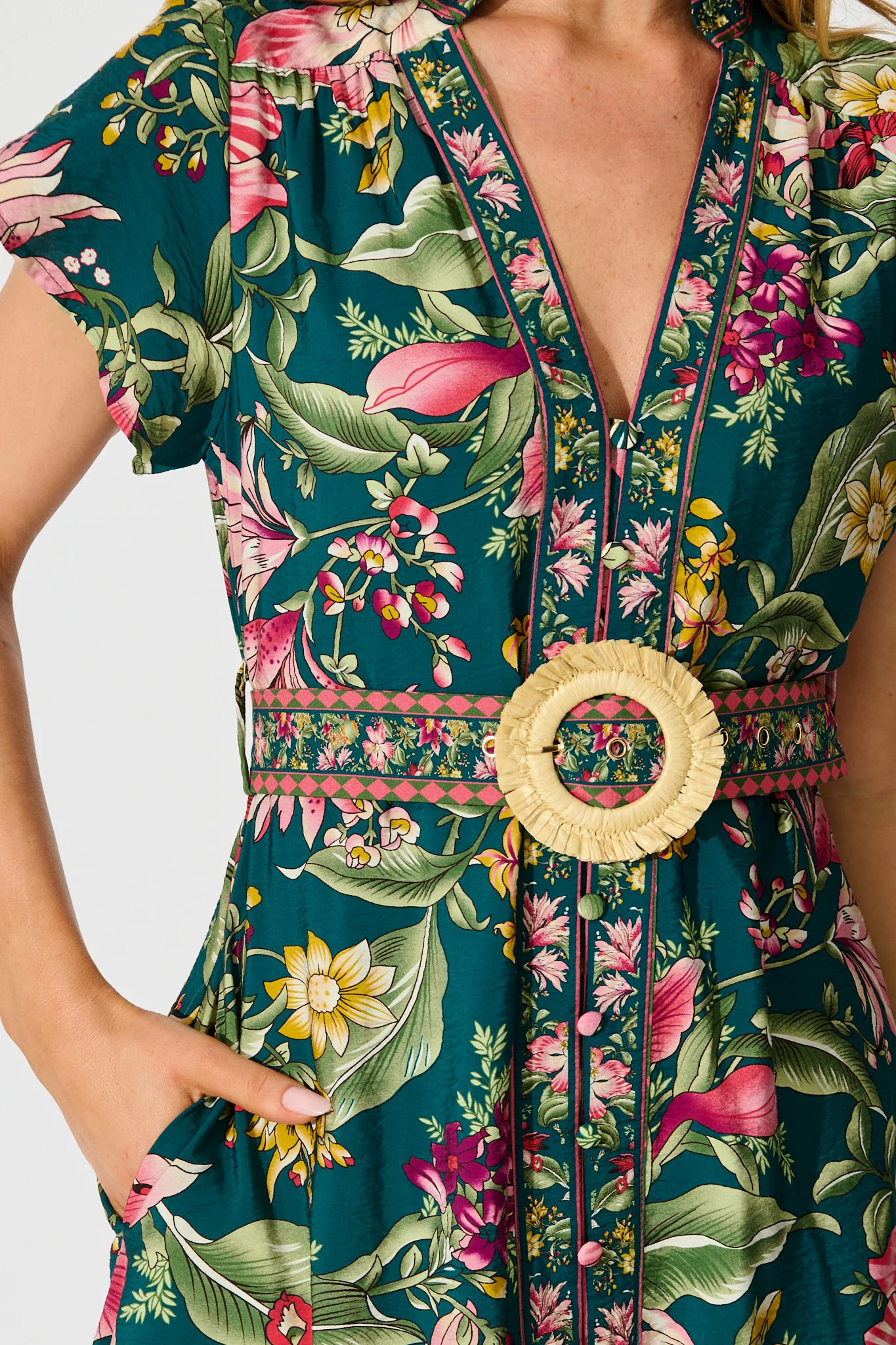 Portofino Bloom Midi Dress in Green with Multi Floral - Image 5