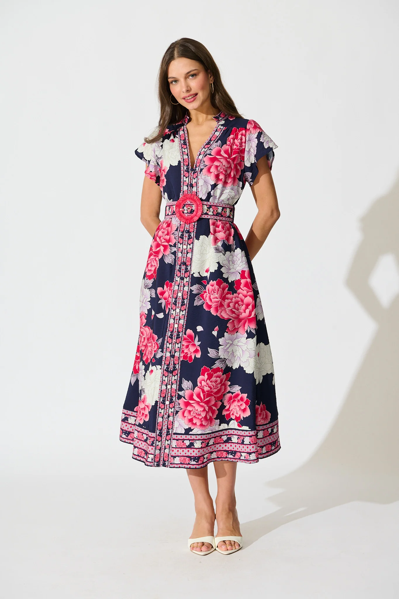 Portofino Bloom Midi Dress in Navy with Pink Floral