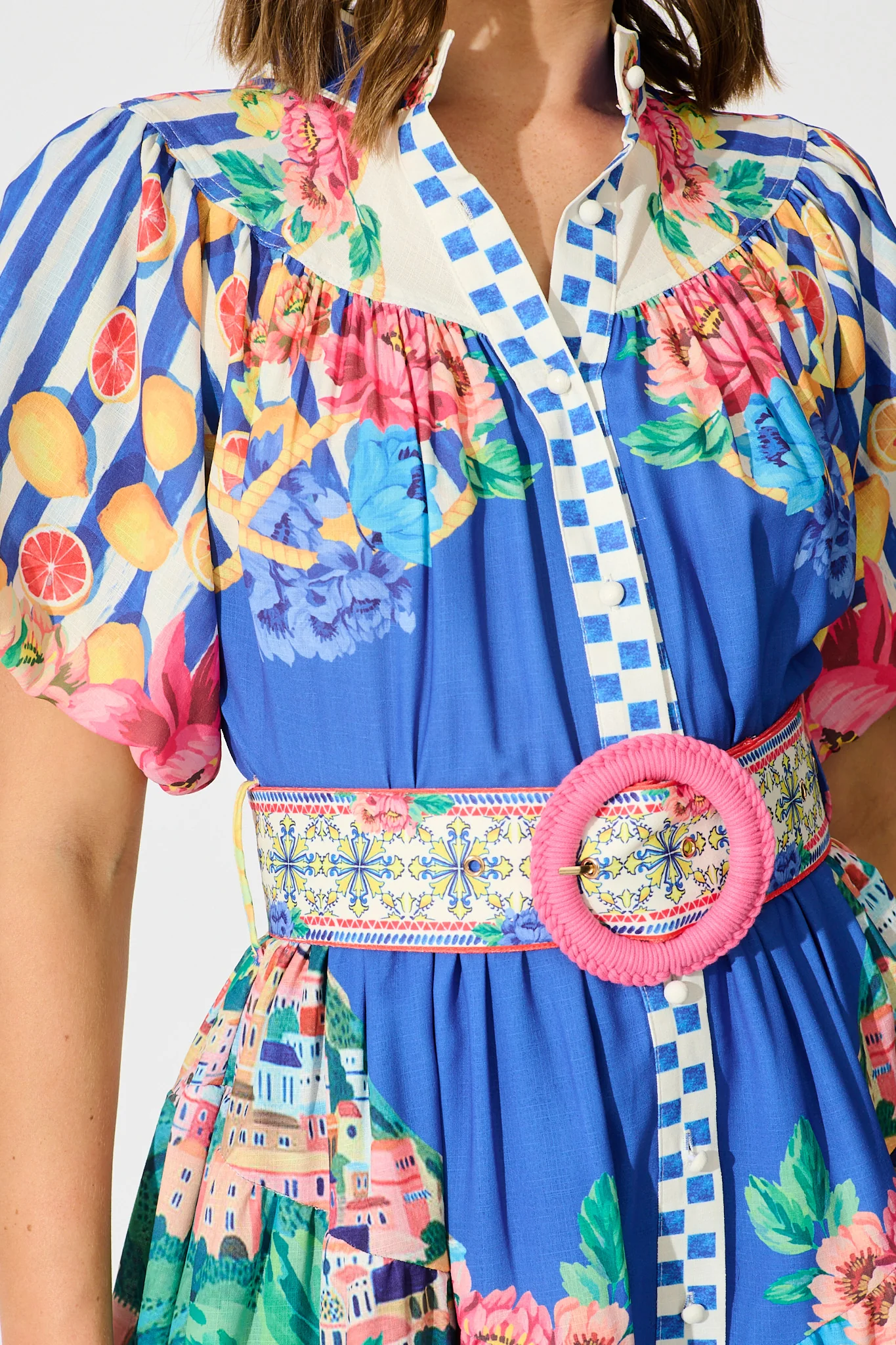 Positano Dress in Blue Floral and Lemon Cotton Linen - Image 9
