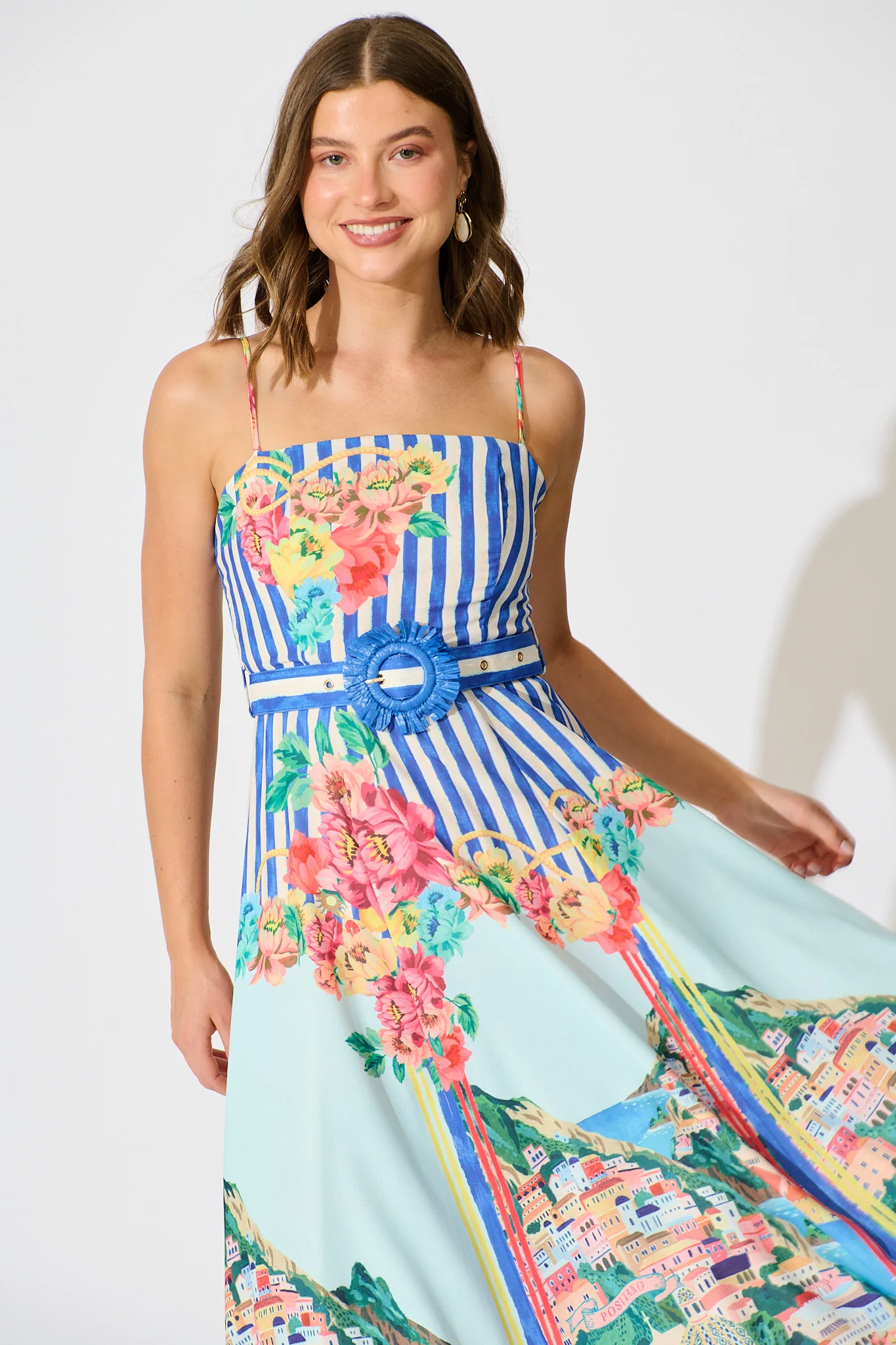 Positano Whisper Maxi Sundress in Blue Multi Cotton Linen Blend - Image 6