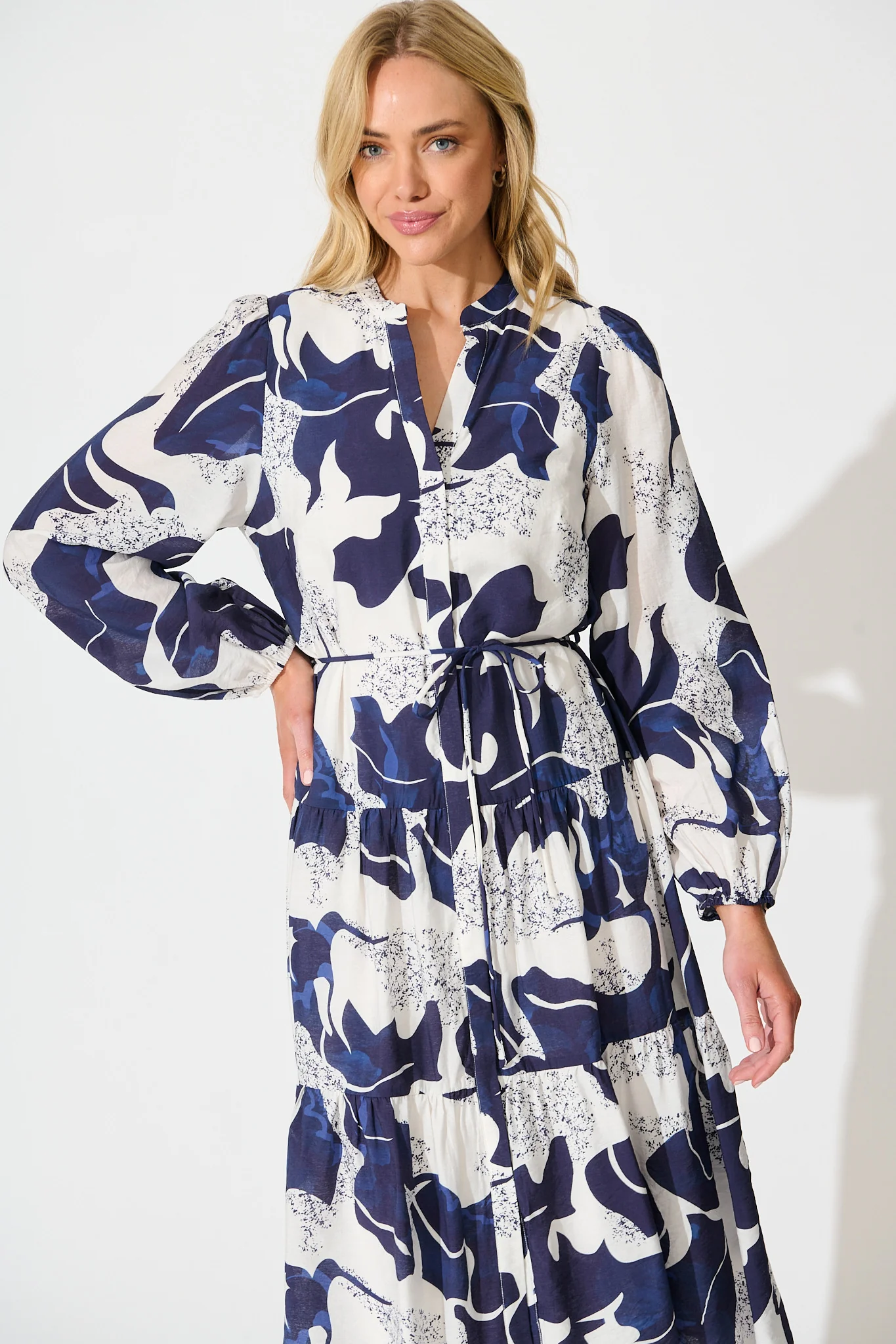Prestige Midi Dress in White and Navy Print - Image 2