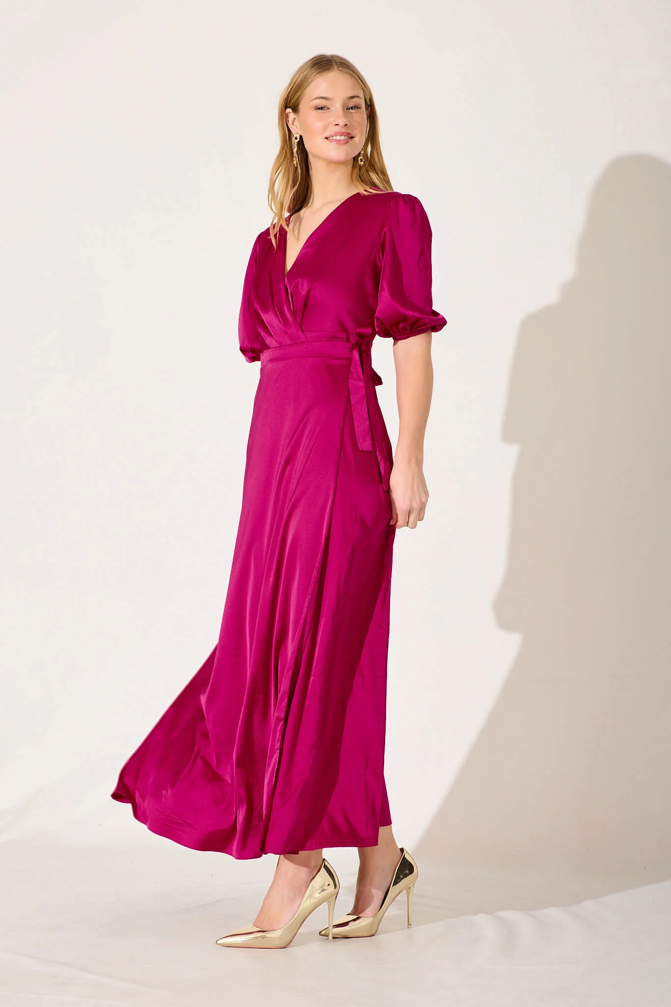 Primrose Maxi Wrap Dress In Magenta Satin - Image 3