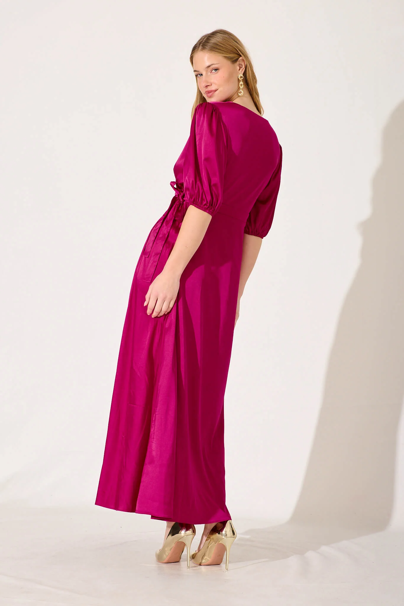 Primrose Maxi Wrap Dress In Magenta Satin - Image 4