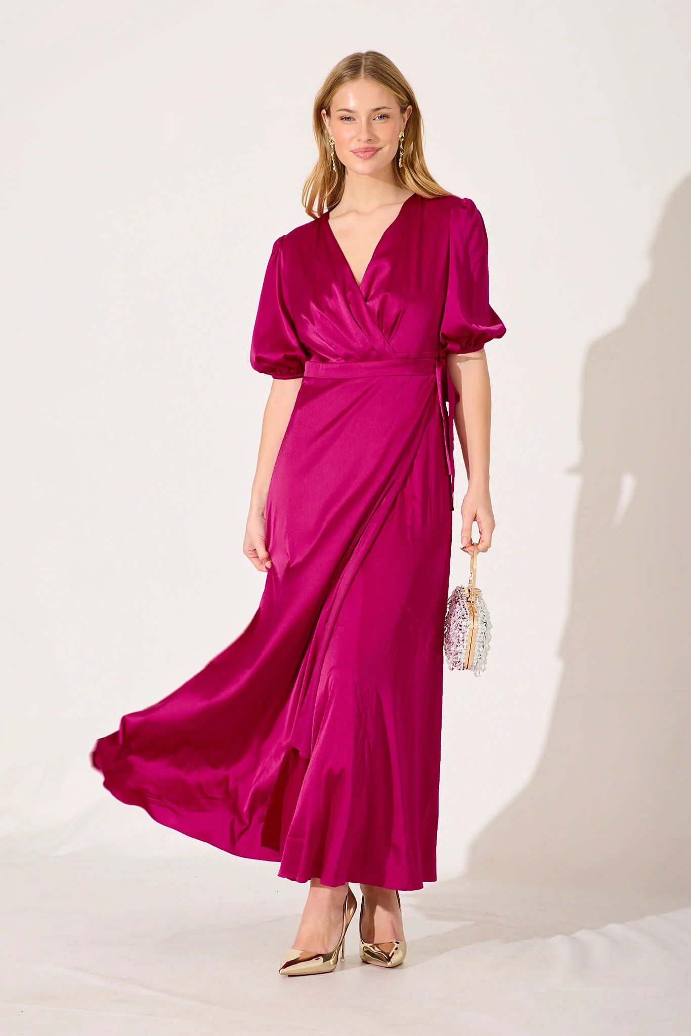 Primrose Maxi Wrap Dress In Magenta Satin - Image 5