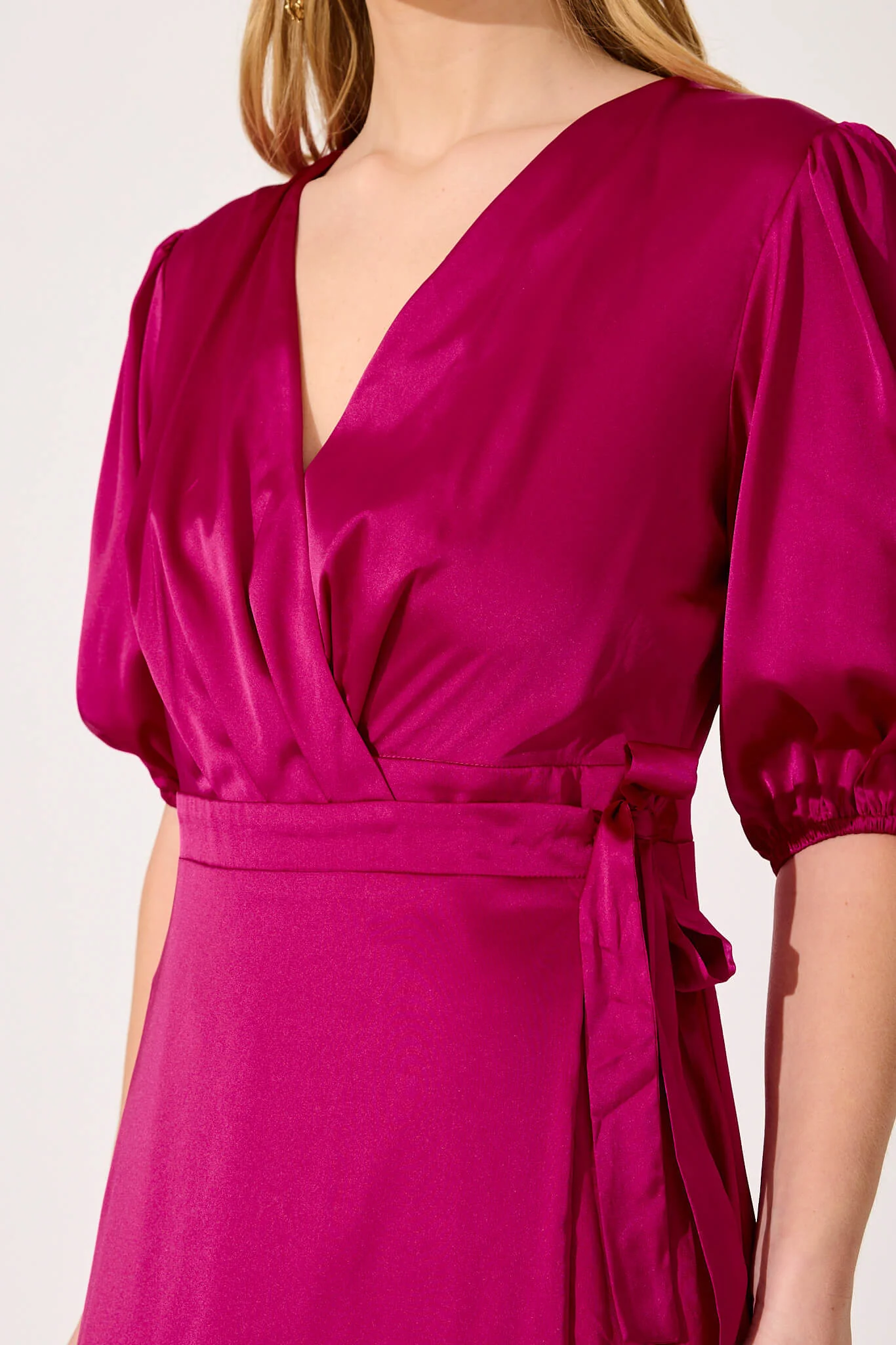 Primrose Maxi Wrap Dress In Magenta Satin - Image 6