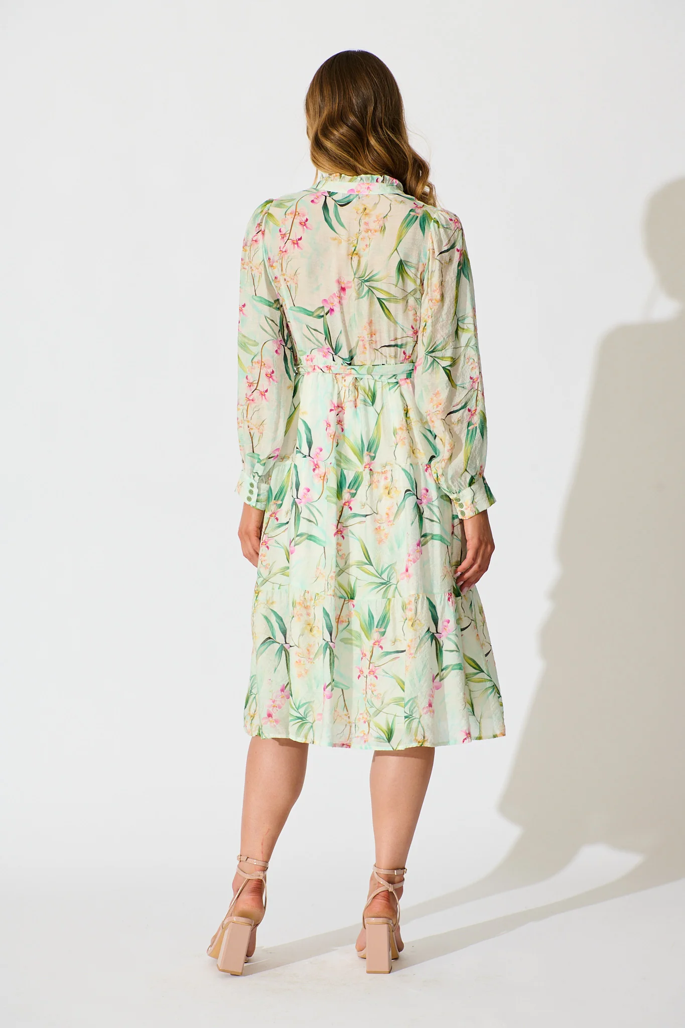 Quincy Midi Dress in Cream With Green Floral Print - Image 4