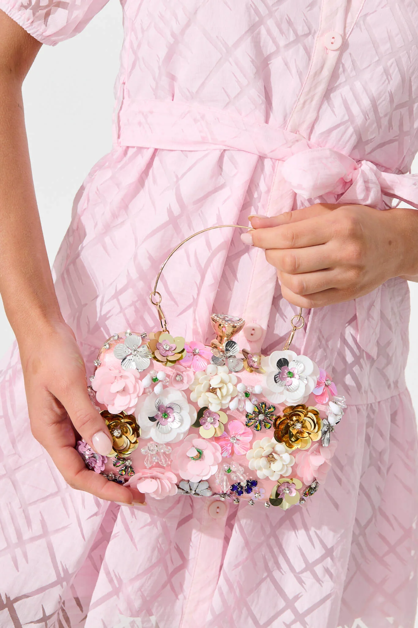 Quinn Clutch Bag in Blush with 3D Multi Sequin Floral - Image 6
