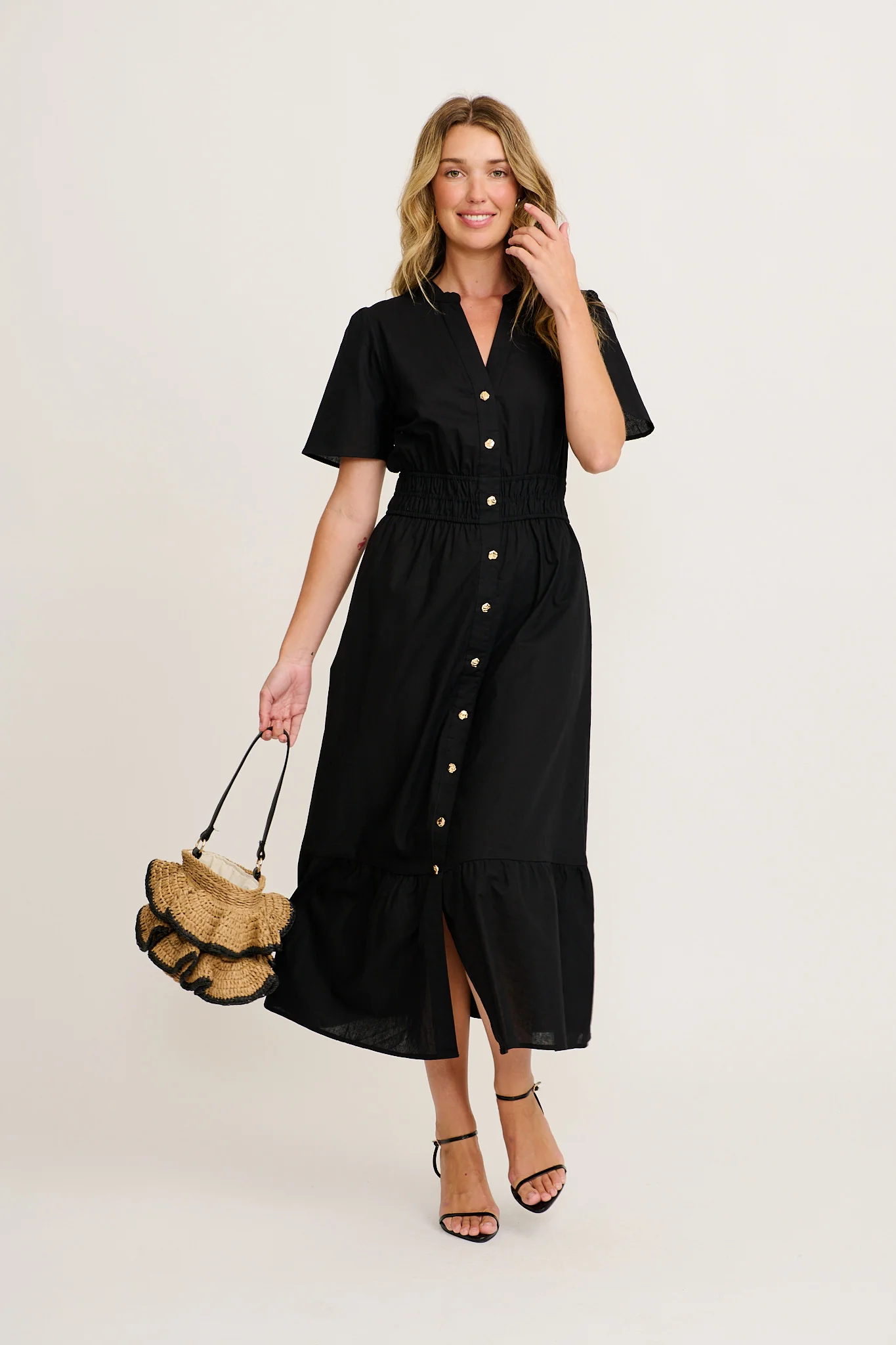 Radiant Rose Midi Dress in Black Cotton
