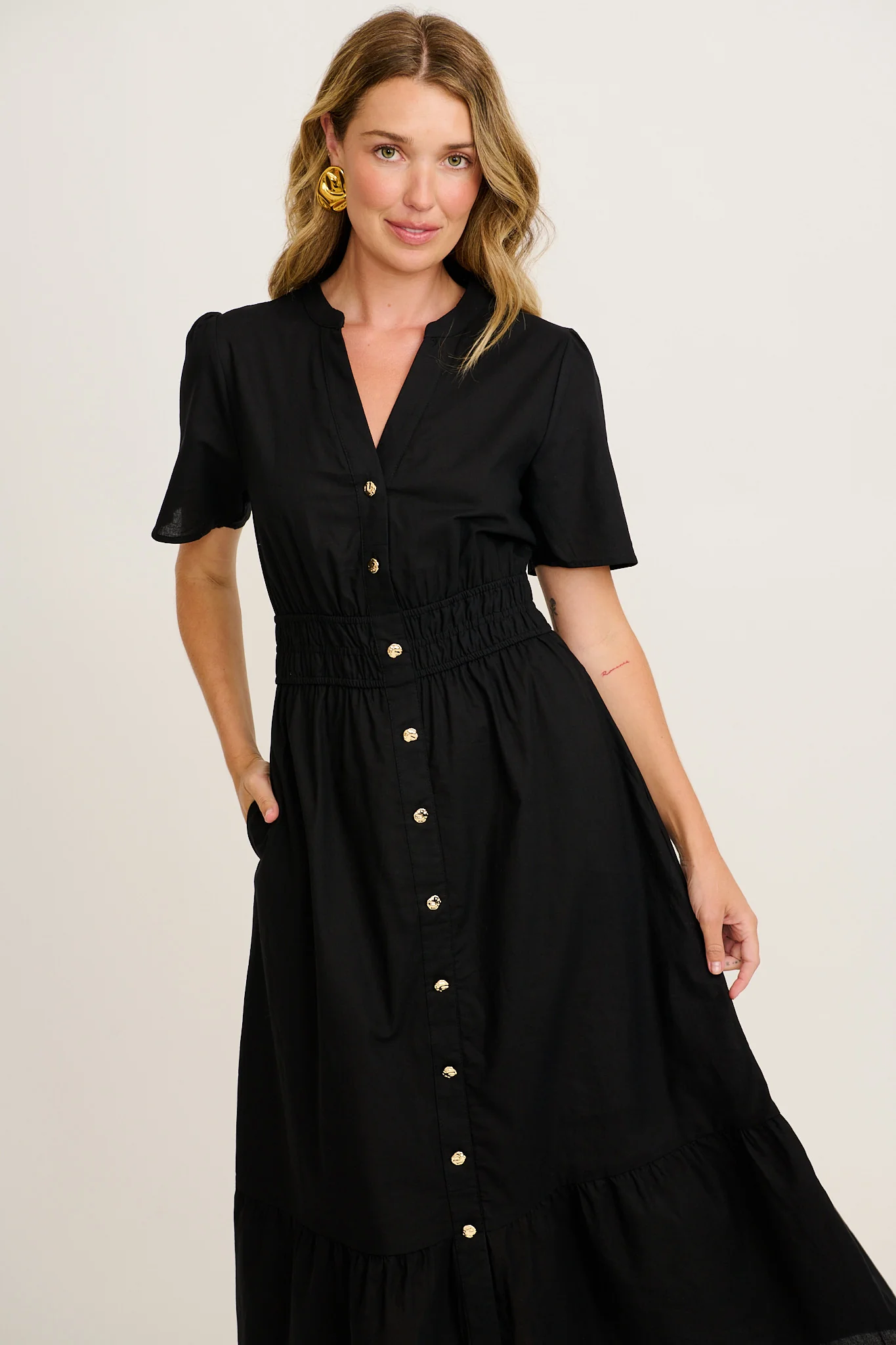 Radiant Rose Midi Dress in Black Cotton - Image 2