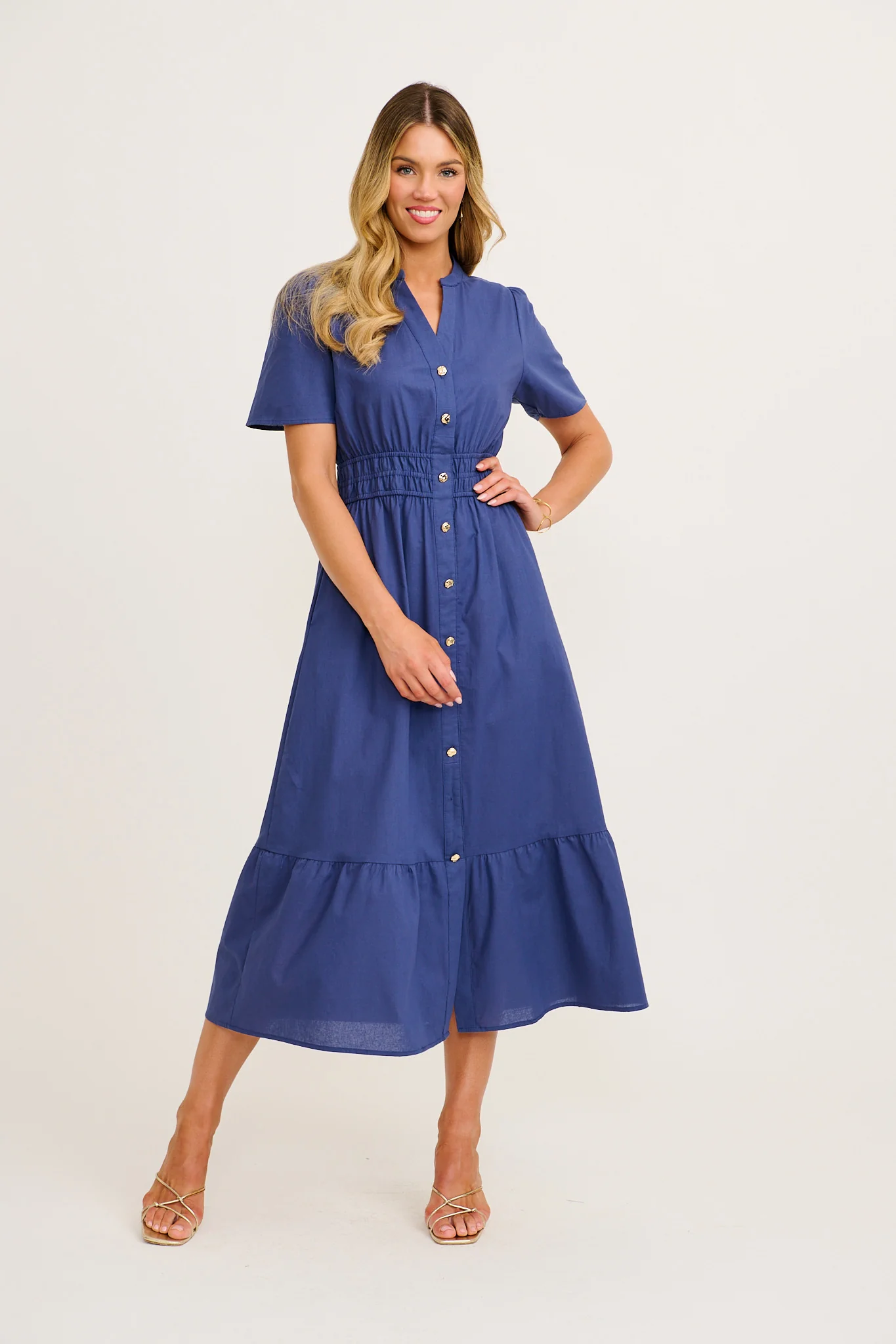 Radiant Rose Midi Dress in Navy Cotton