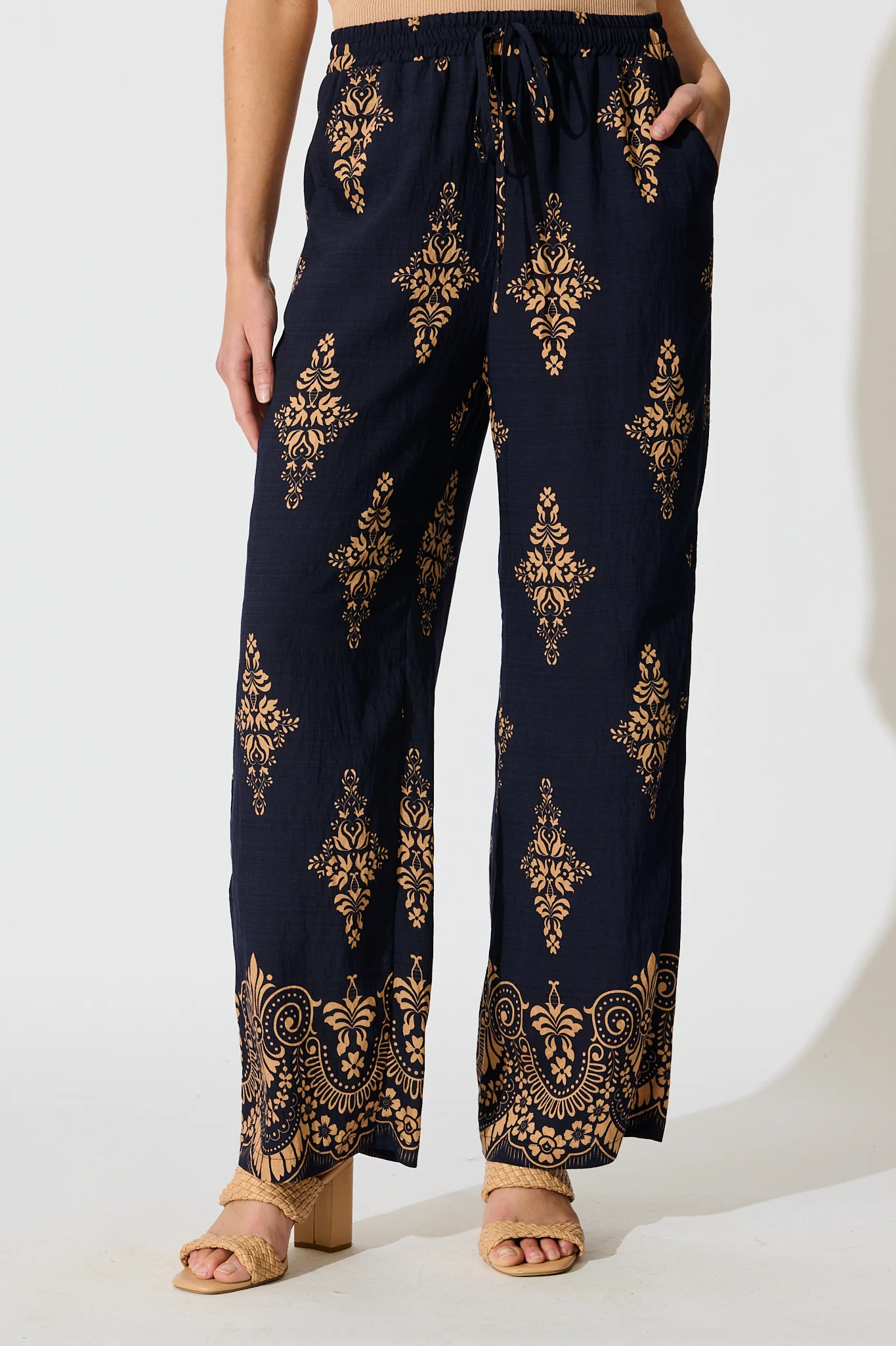 Rania Pant in Navy with Tan Boho Linen Blend