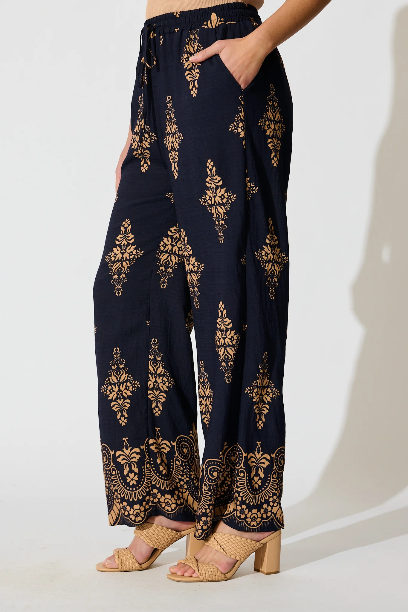 Rania Pant in Navy with Tan Boho Linen Blend - Image 2