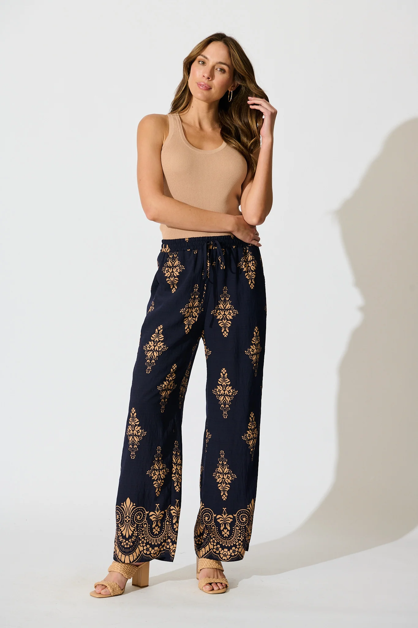 Rania Pant in Navy with Tan Boho Linen Blend - Image 4