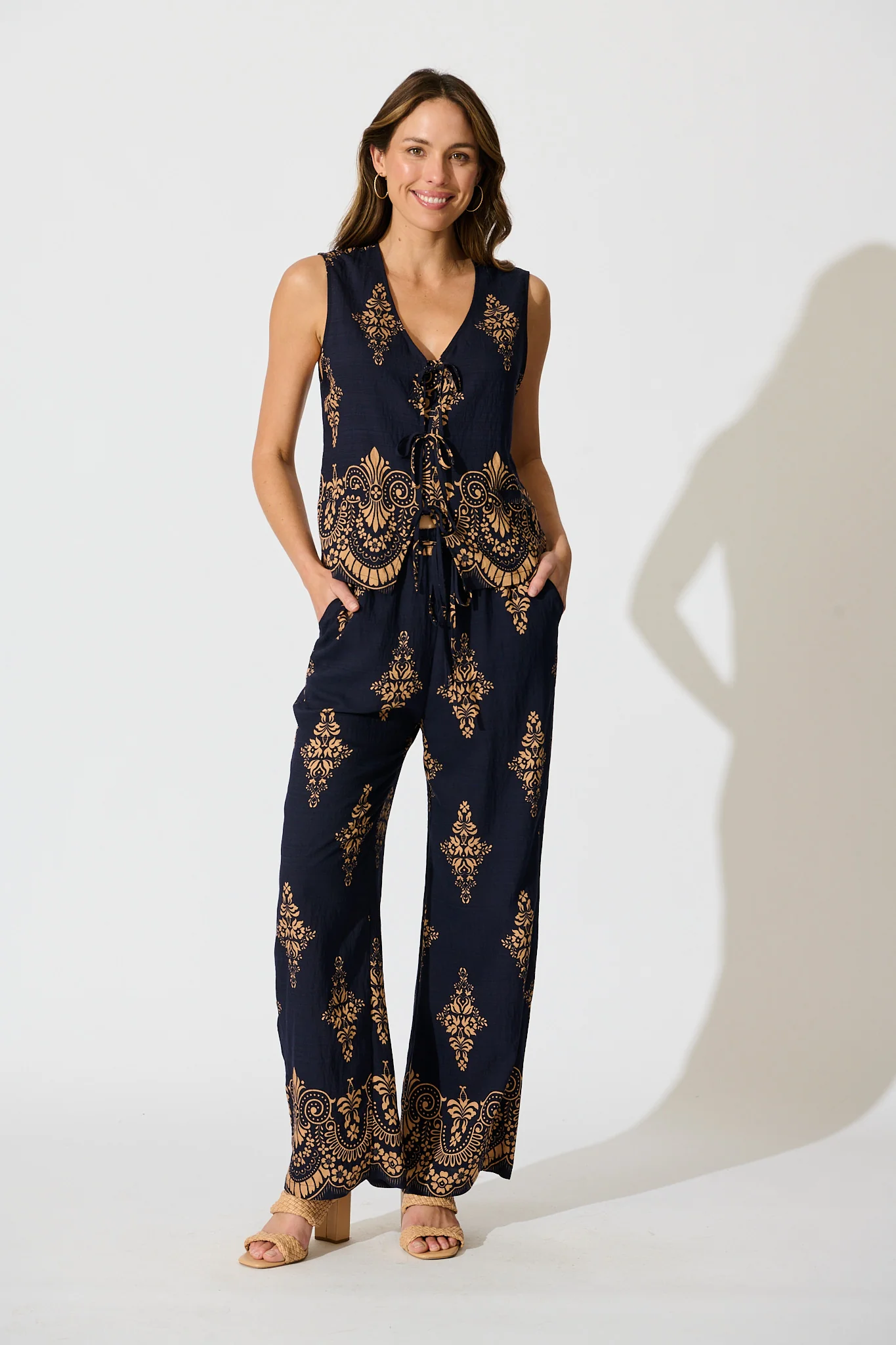 Rania Pant in Navy with Tan Boho Linen Blend - Image 5