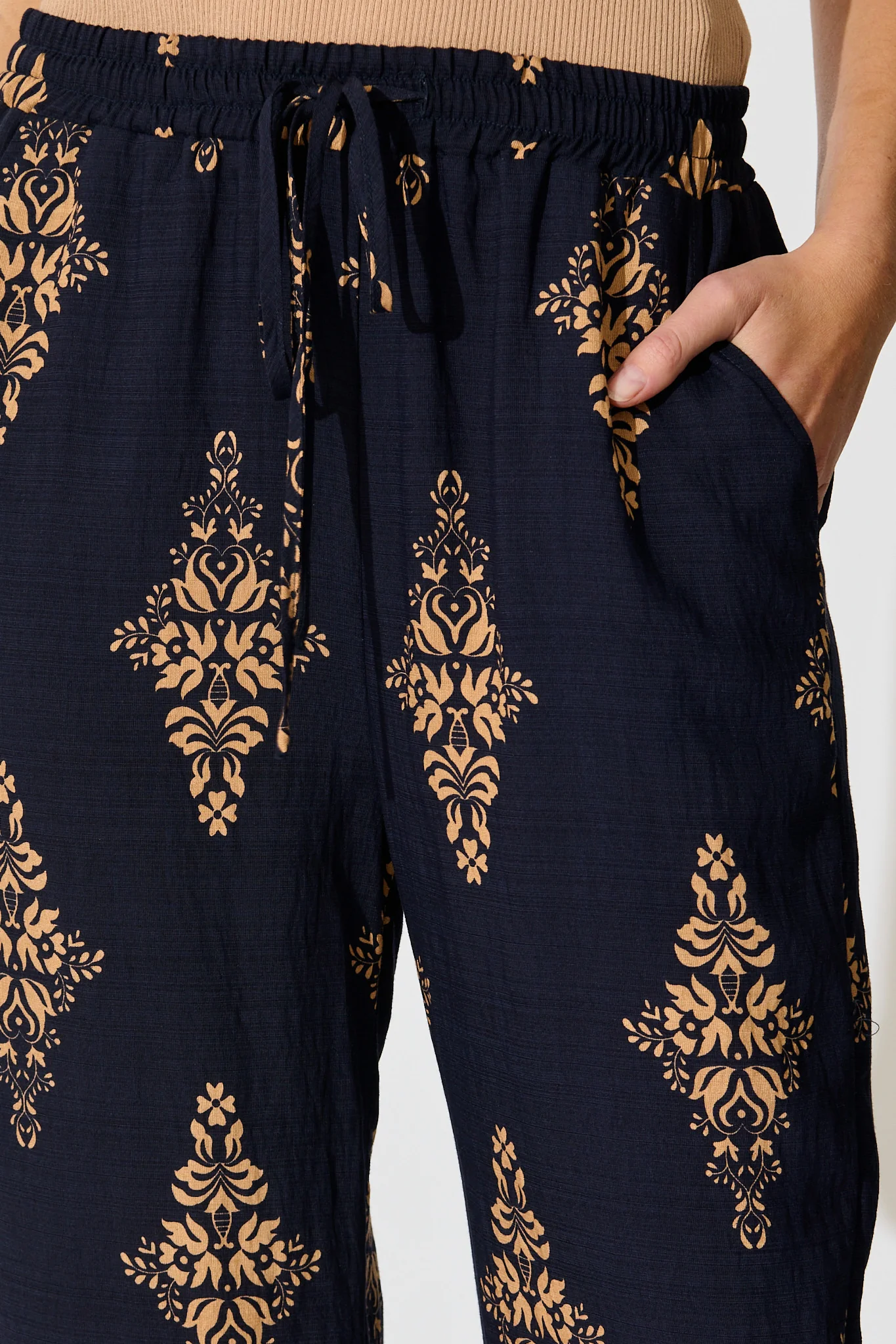 Rania Pant in Navy with Tan Boho Linen Blend - Image 6