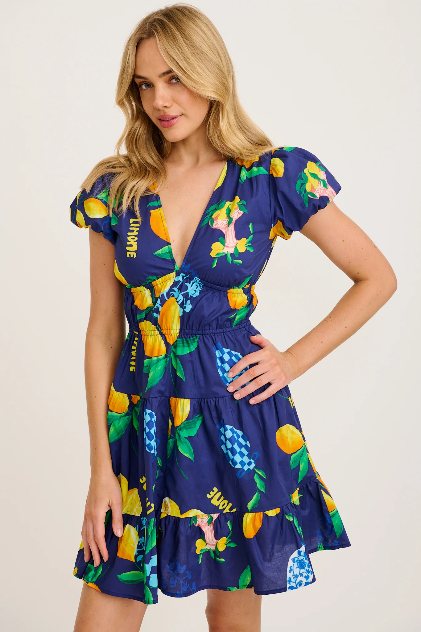Ravello Dress in Navy Lemon Print Cotton - Image 2