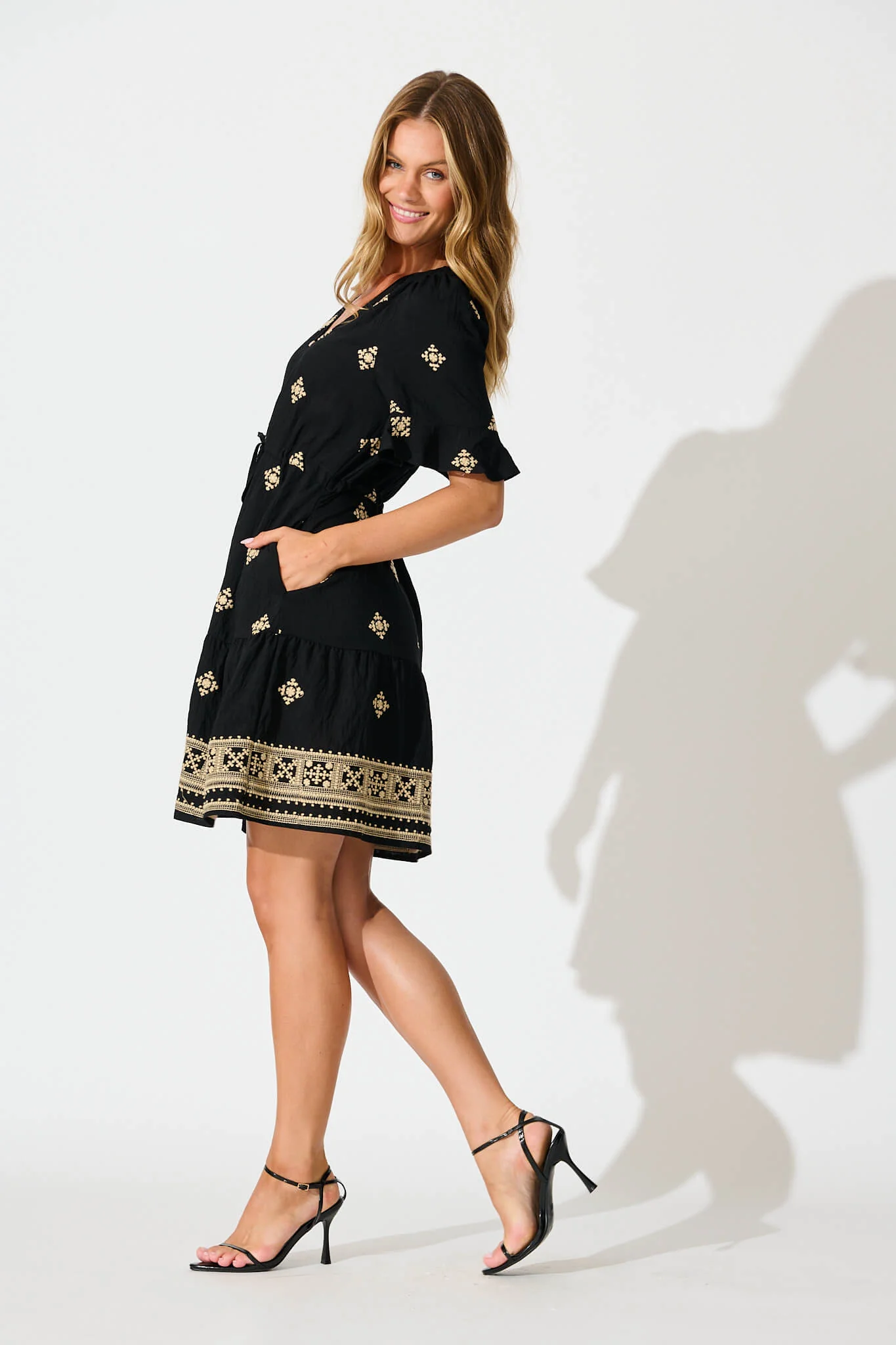Reagan Dress in Black with Cream Embroidery - Image 3