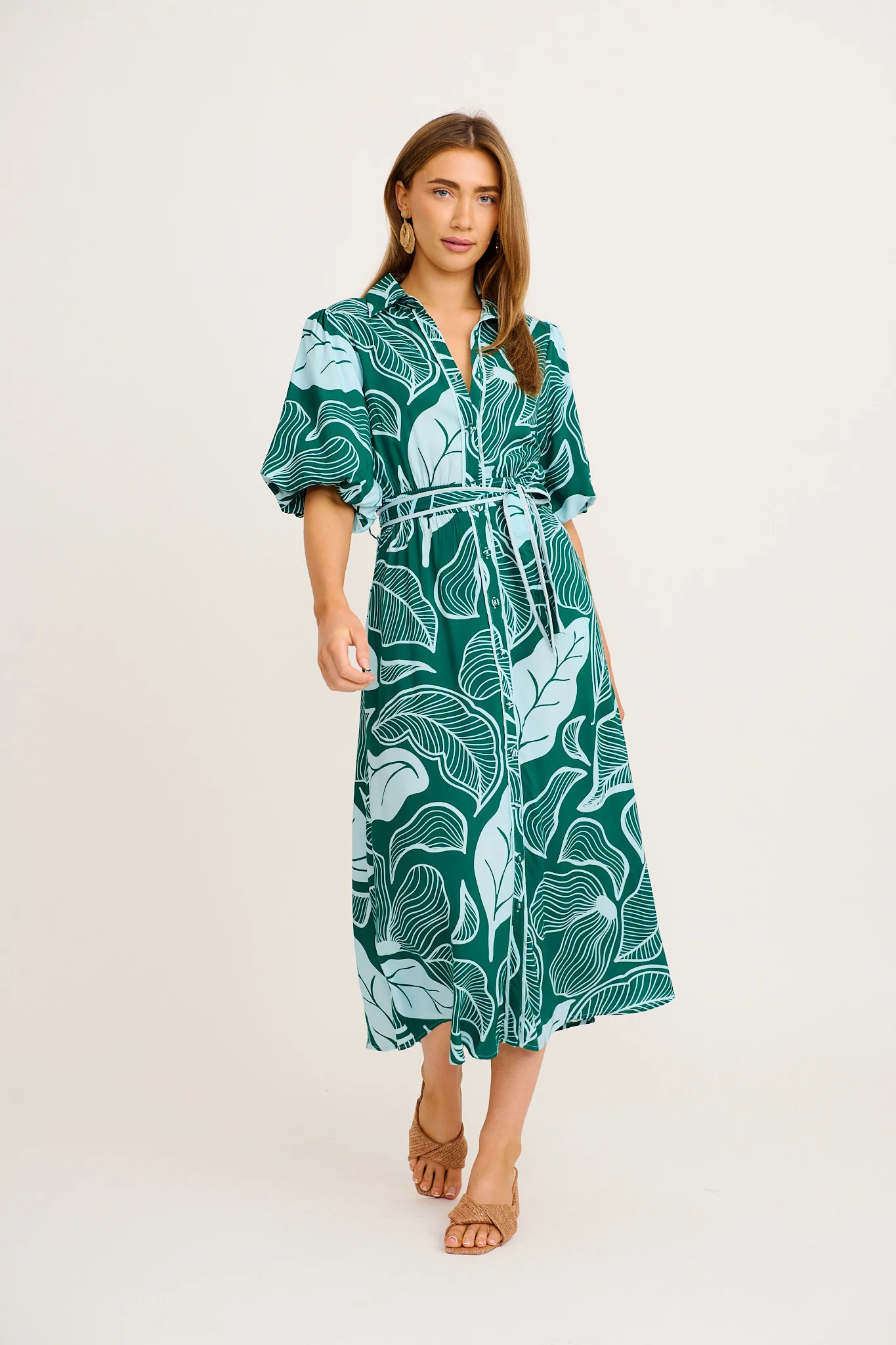 Reanna Midi Shirt Dress in Green Leaf Print