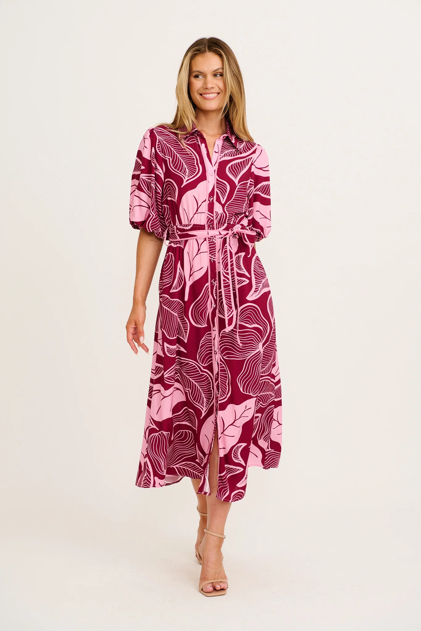 Reanna Midi Shirt Dress in Plum with Pink Leaf Print