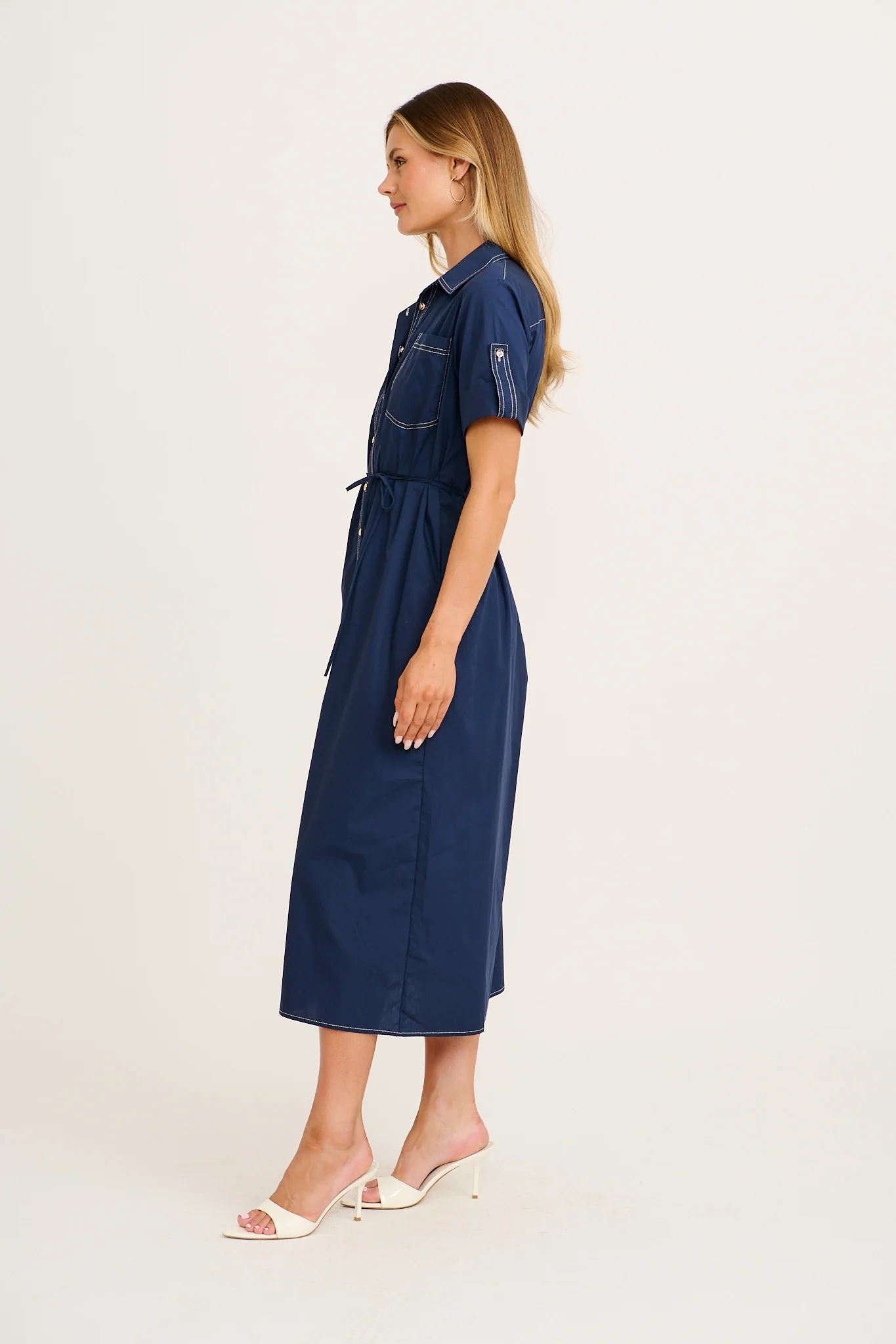 Refined Edge Midi Shirt Dress in Navy Cotton - Image 3