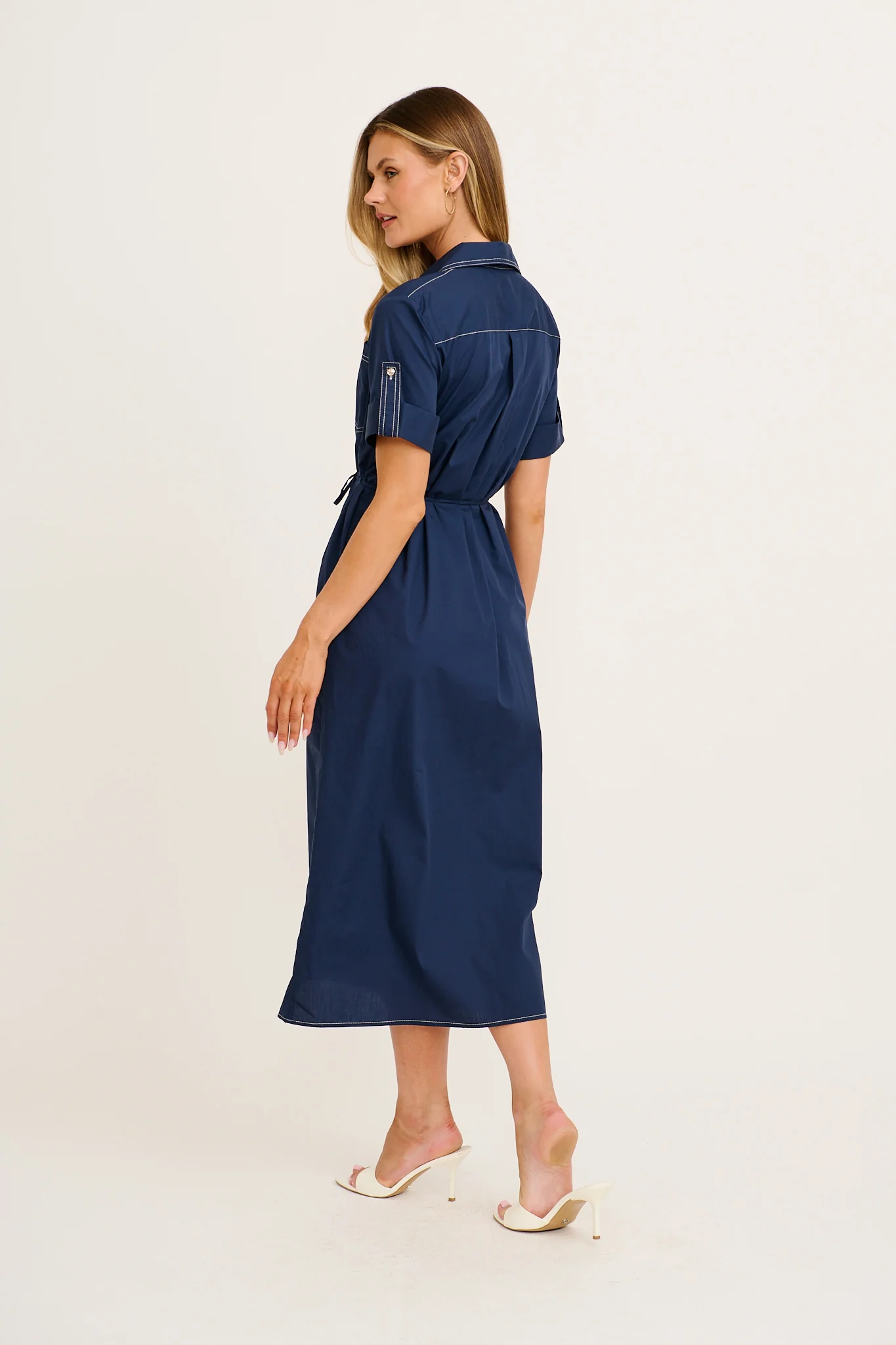 Refined Edge Midi Shirt Dress in Navy Cotton - Image 4