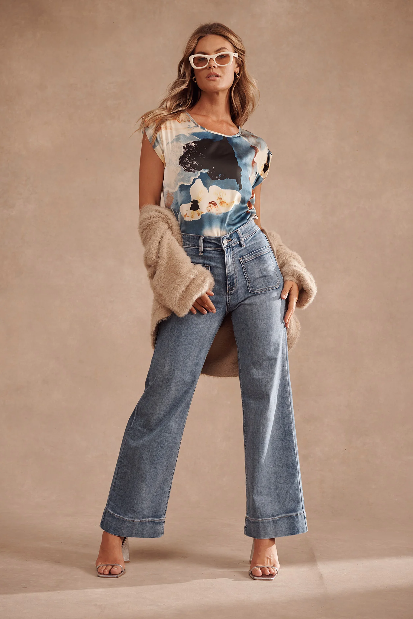 Rejina Top In Blue And Cream Watercolour Satin - Image 4