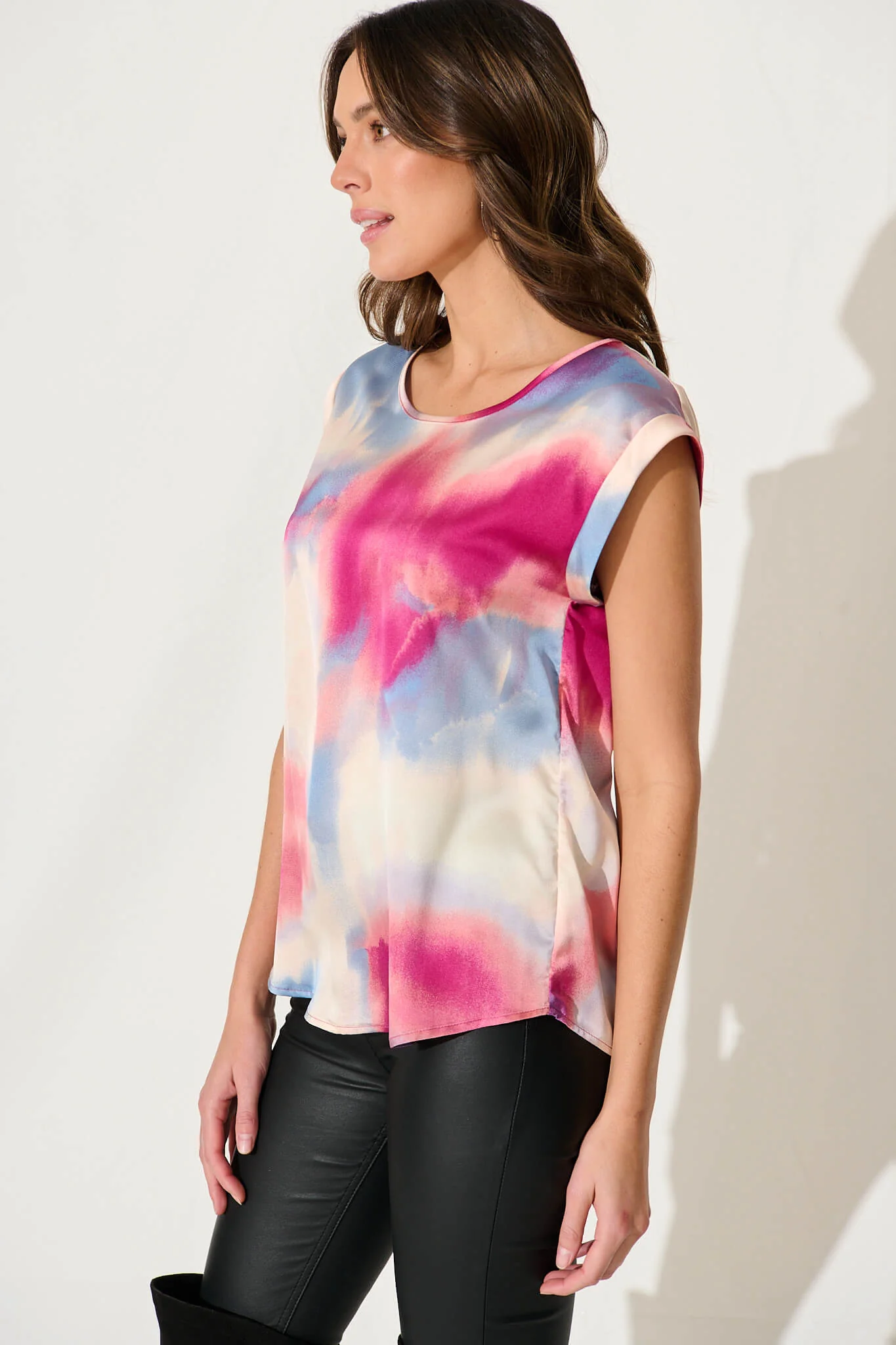 Rejina Top In Pink And Blue Watercolour Satin - Image 2