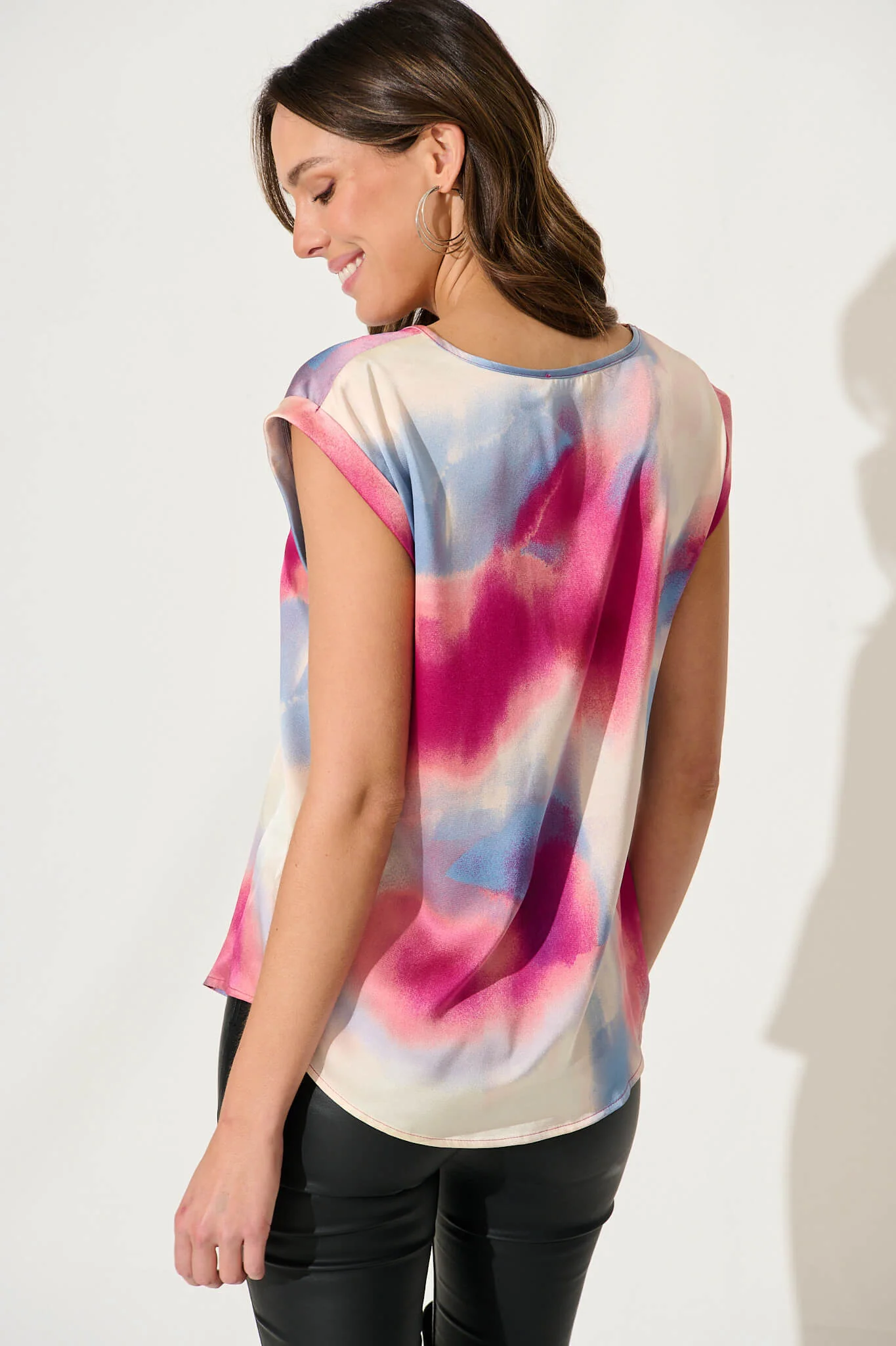 Rejina Top In Pink And Blue Watercolour Satin - Image 3