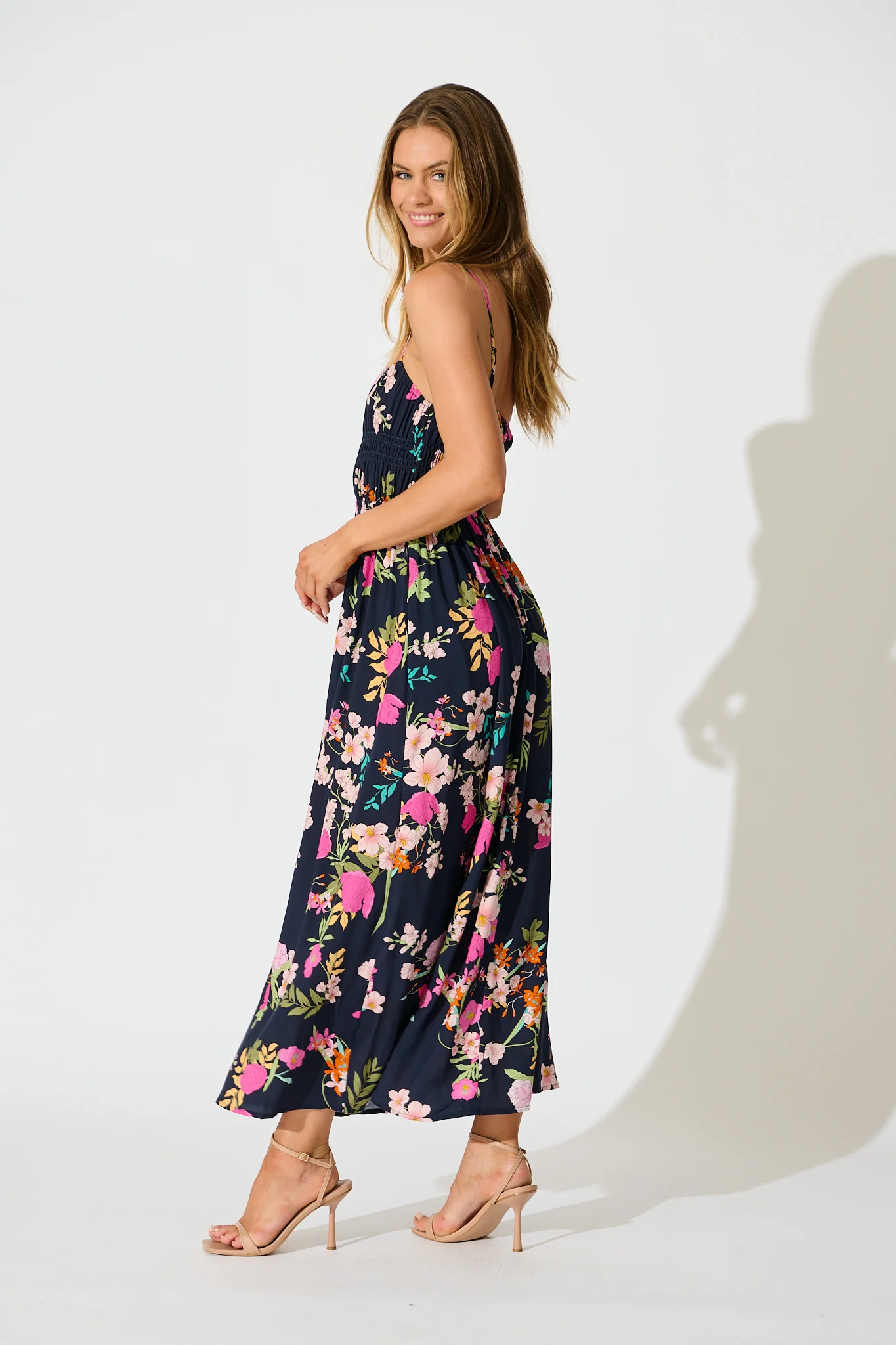 Remina Maxi Sundress in Navy with Pink Floral - Image 3