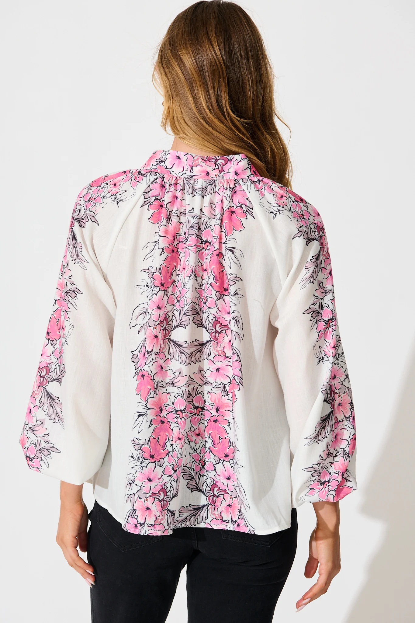 Reyna Top in White with Pink Floral Placement Linen Blend - Image 3