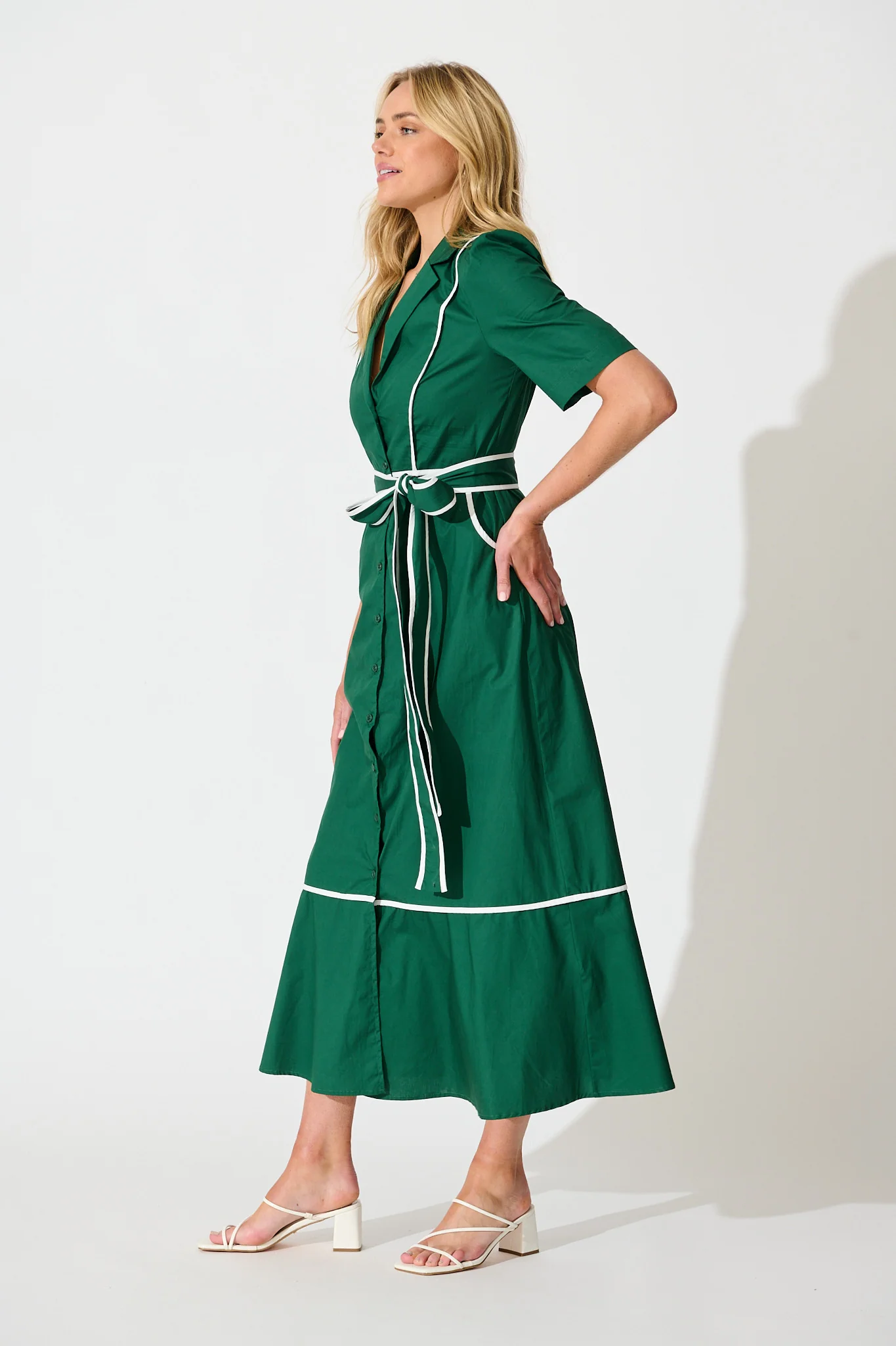Rhea Maxi Shirt Dress in Emerald with Contrast Piping Cotton - Image 3
