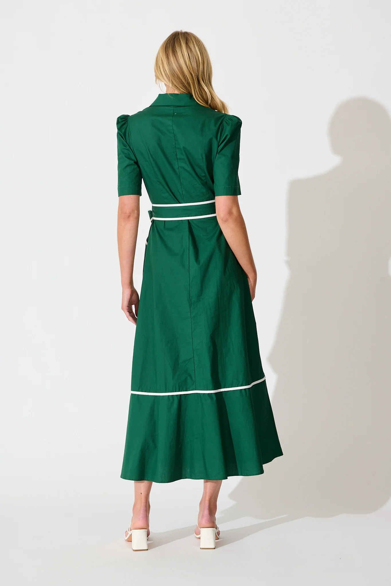 Rhea Maxi Shirt Dress in Emerald with Contrast Piping Cotton - Image 4